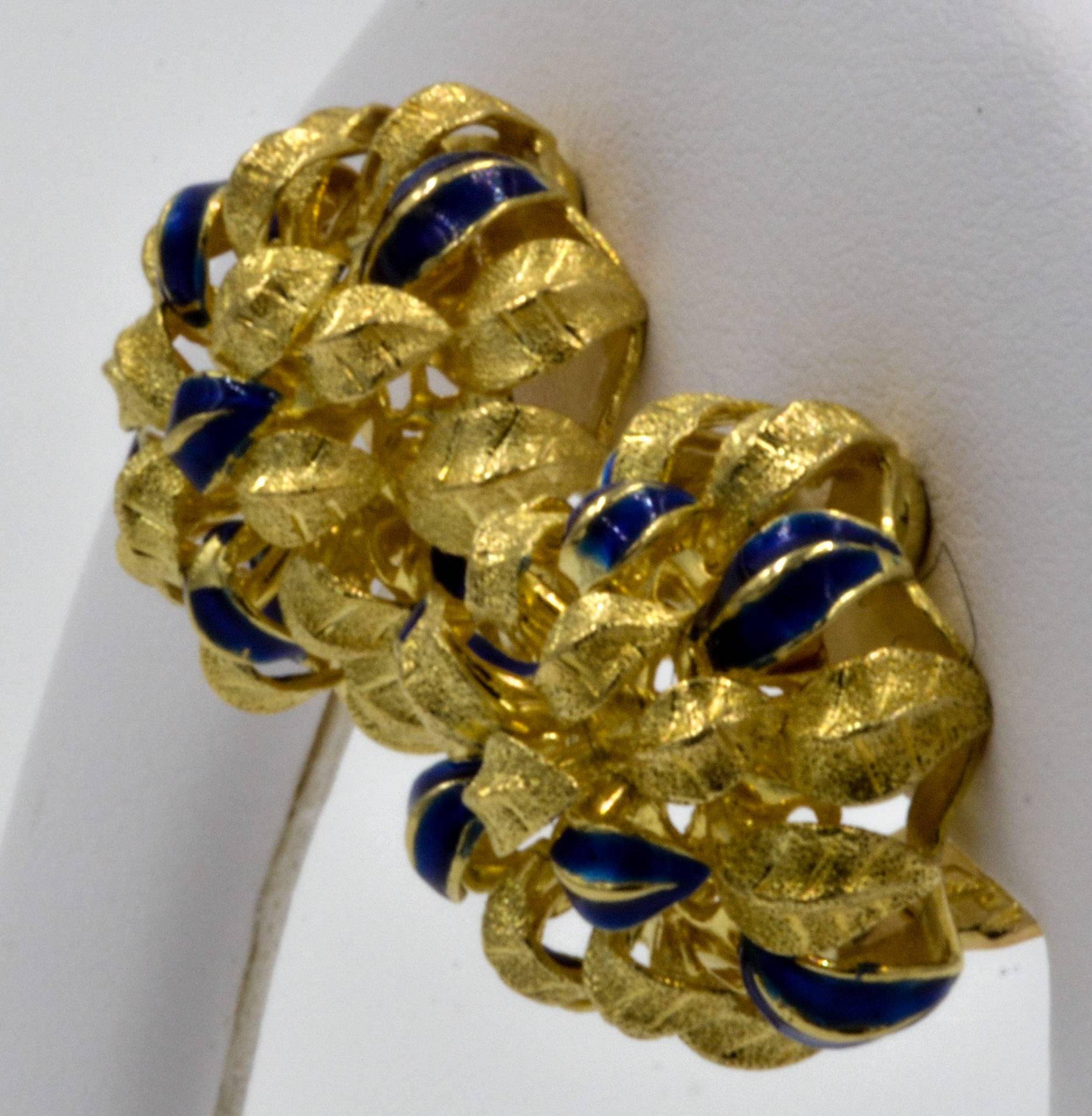 Art Nouveau Leaf Design 18 Karat Yellow Gold and Enamel Earrings
