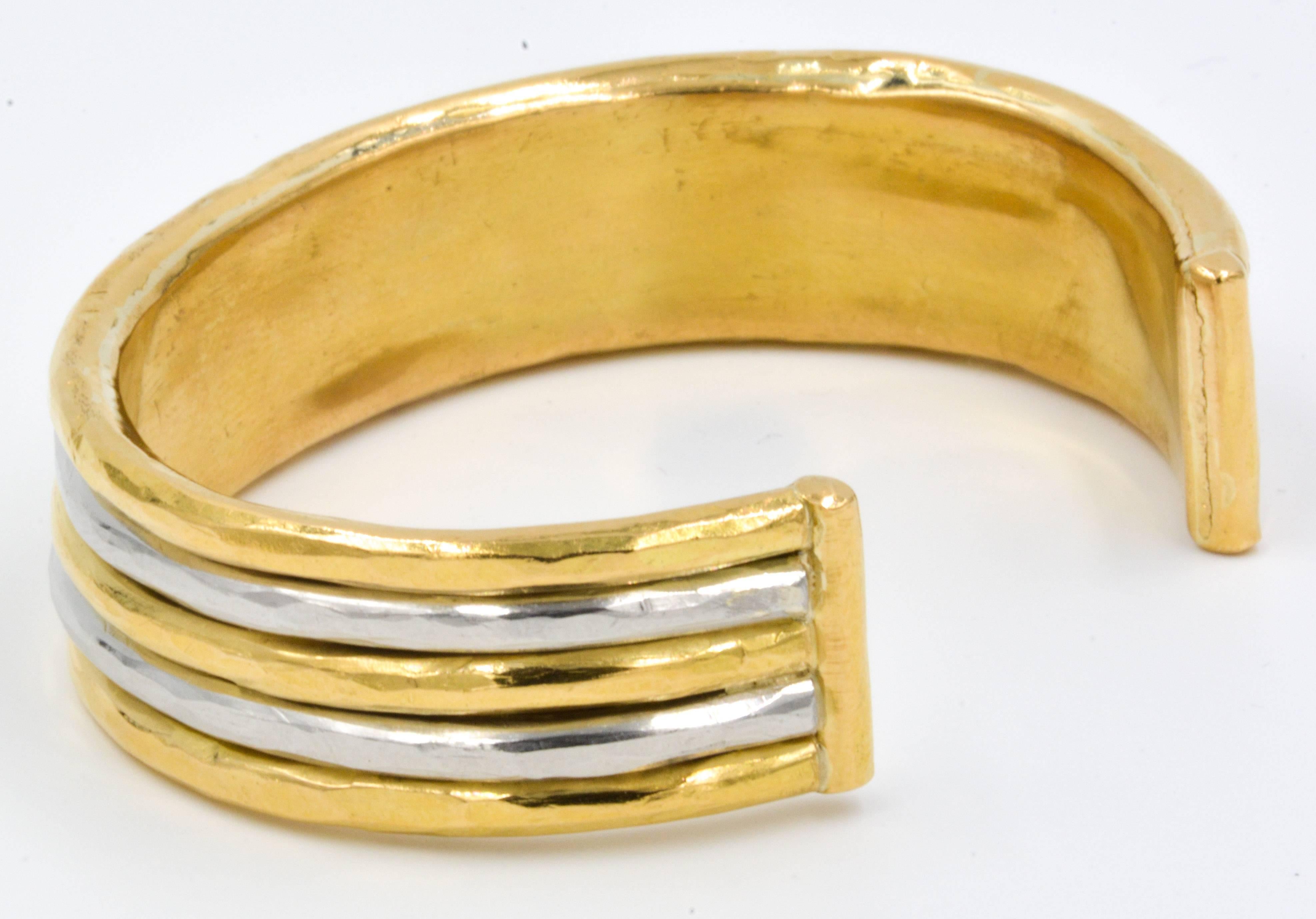 Jean Mahie 22kt Yellow Gold and Platinum Cuff Bracelet In Excellent Condition In Dallas, TX