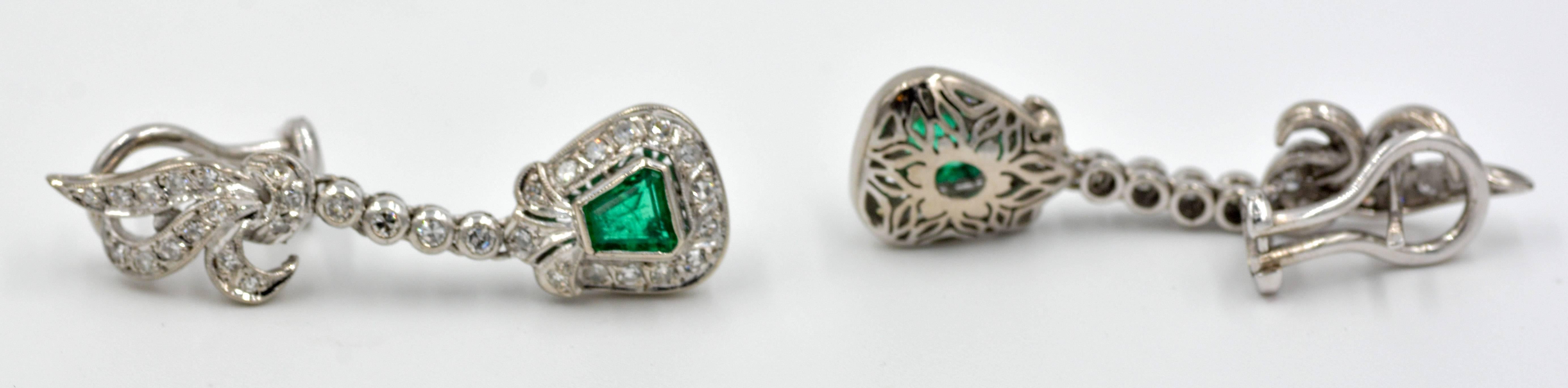 Women's or Men's 1950s Retro Emerald Diamond Palladium Drop Earrings