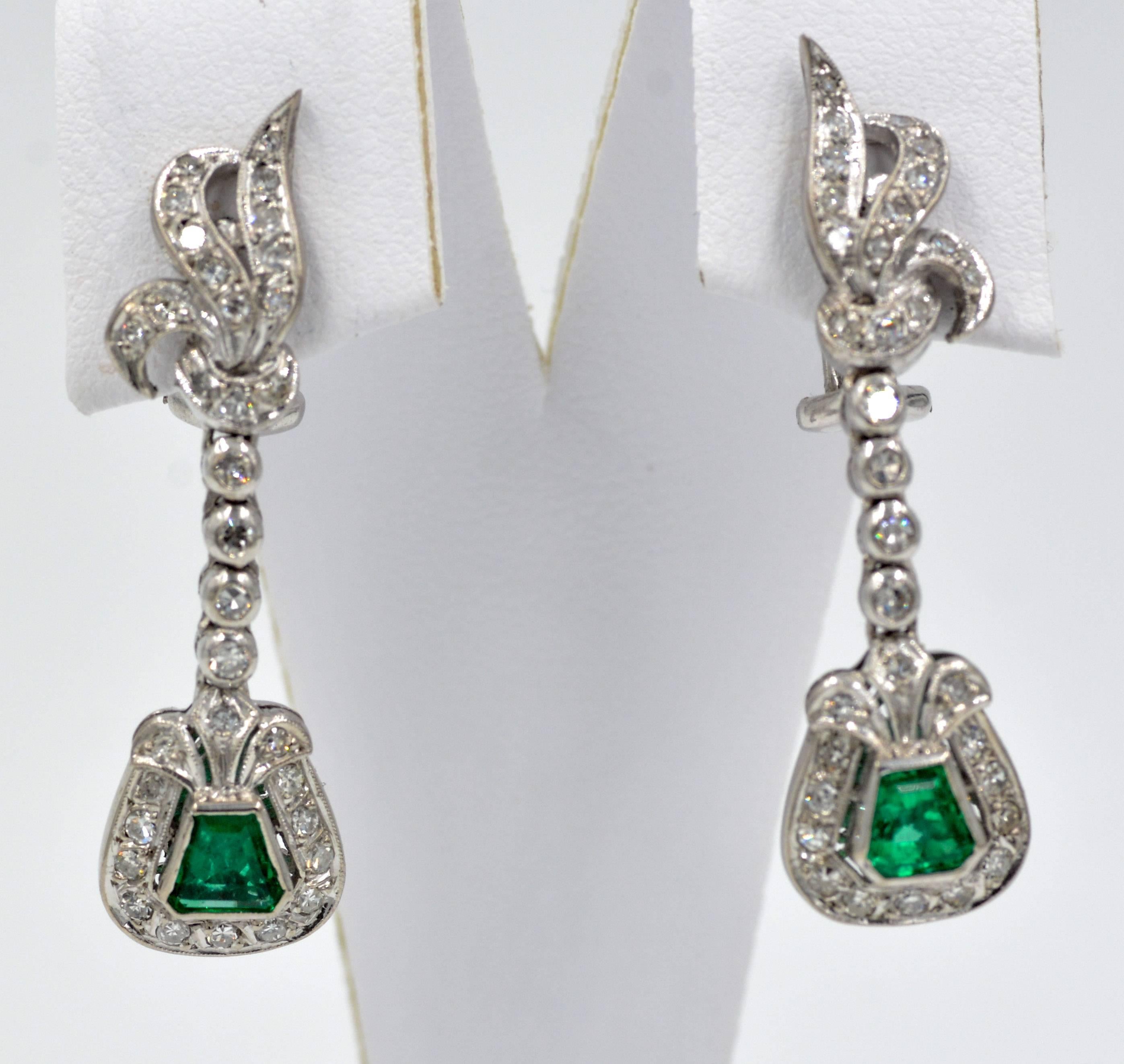 1950s Retro Emerald Diamond Palladium Drop Earrings 1