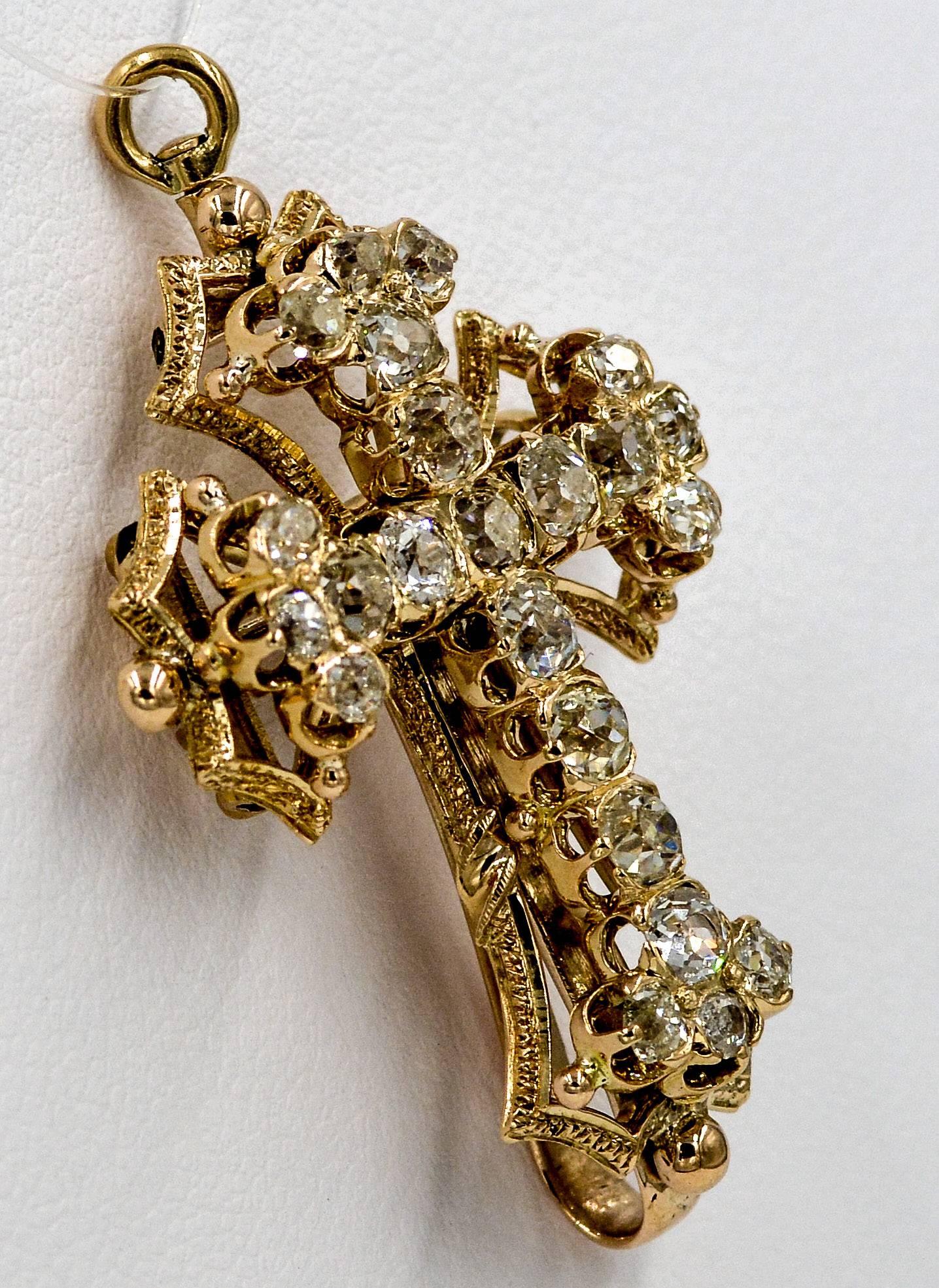 Antique Victorian Diamond Gold Cross Pendant Pin 1
