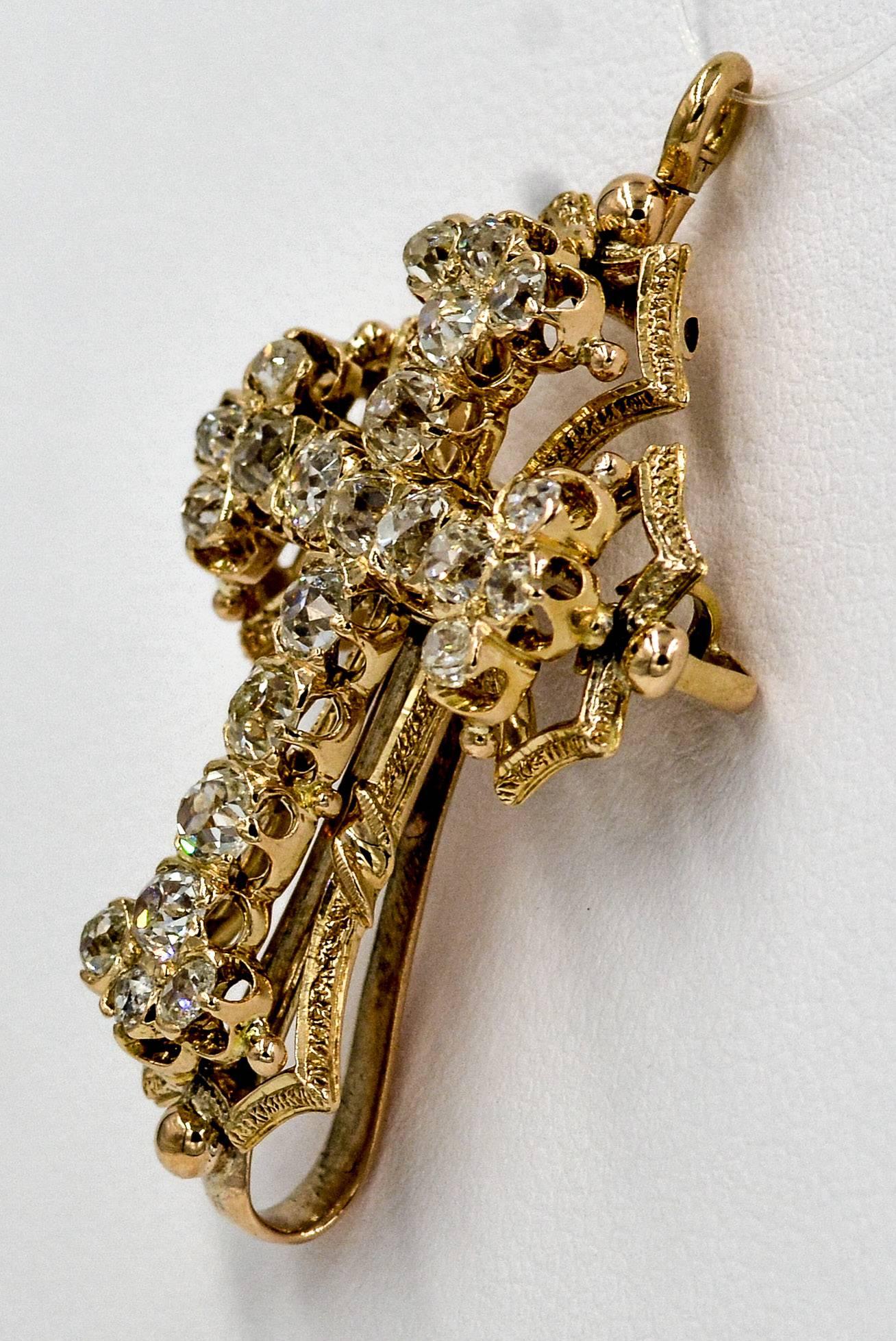 Antique Victorian Diamond Gold Cross Pendant Pin In Excellent Condition In Dallas, TX