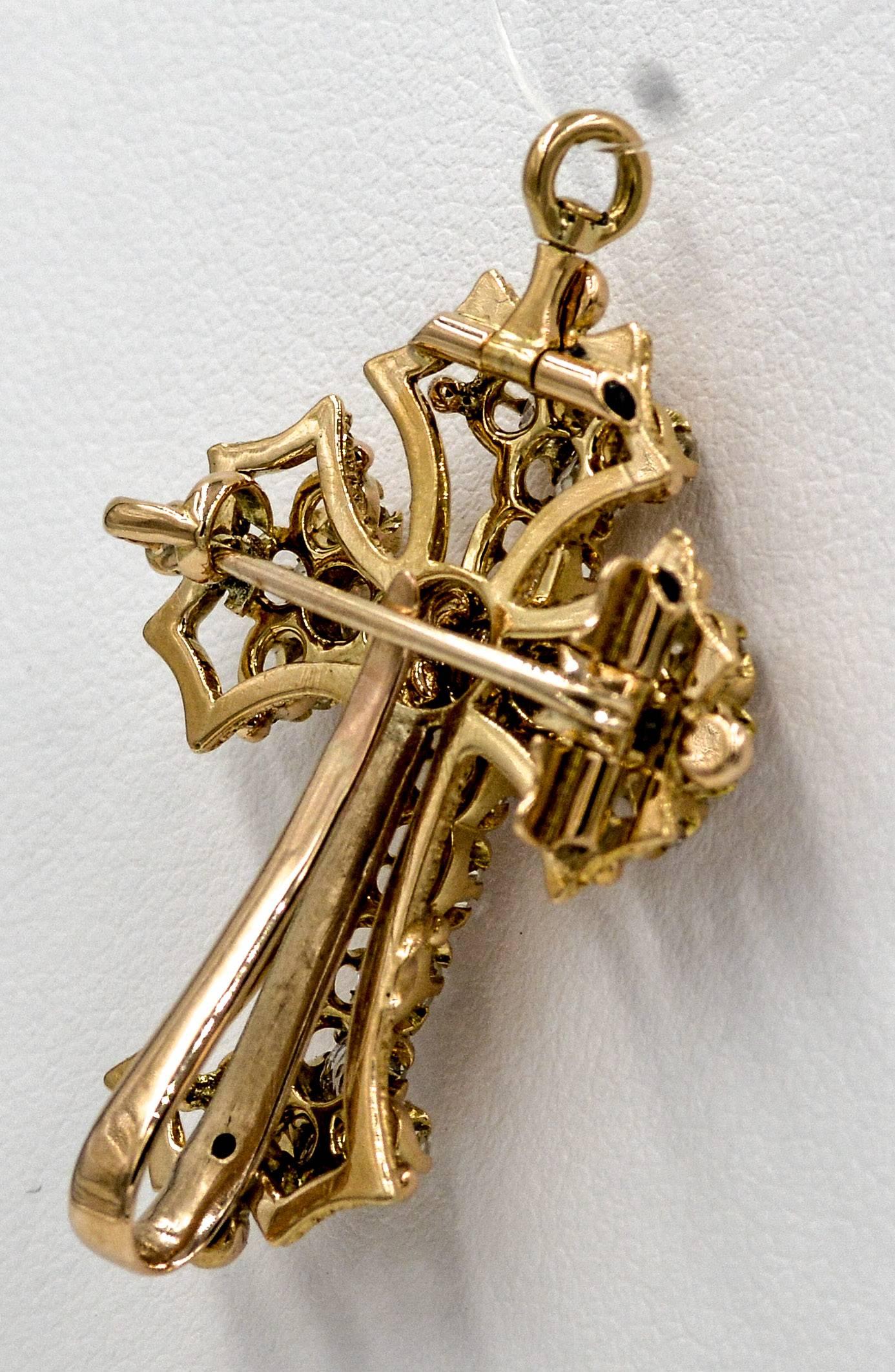 Women's or Men's Antique Victorian Diamond Gold Cross Pendant Pin