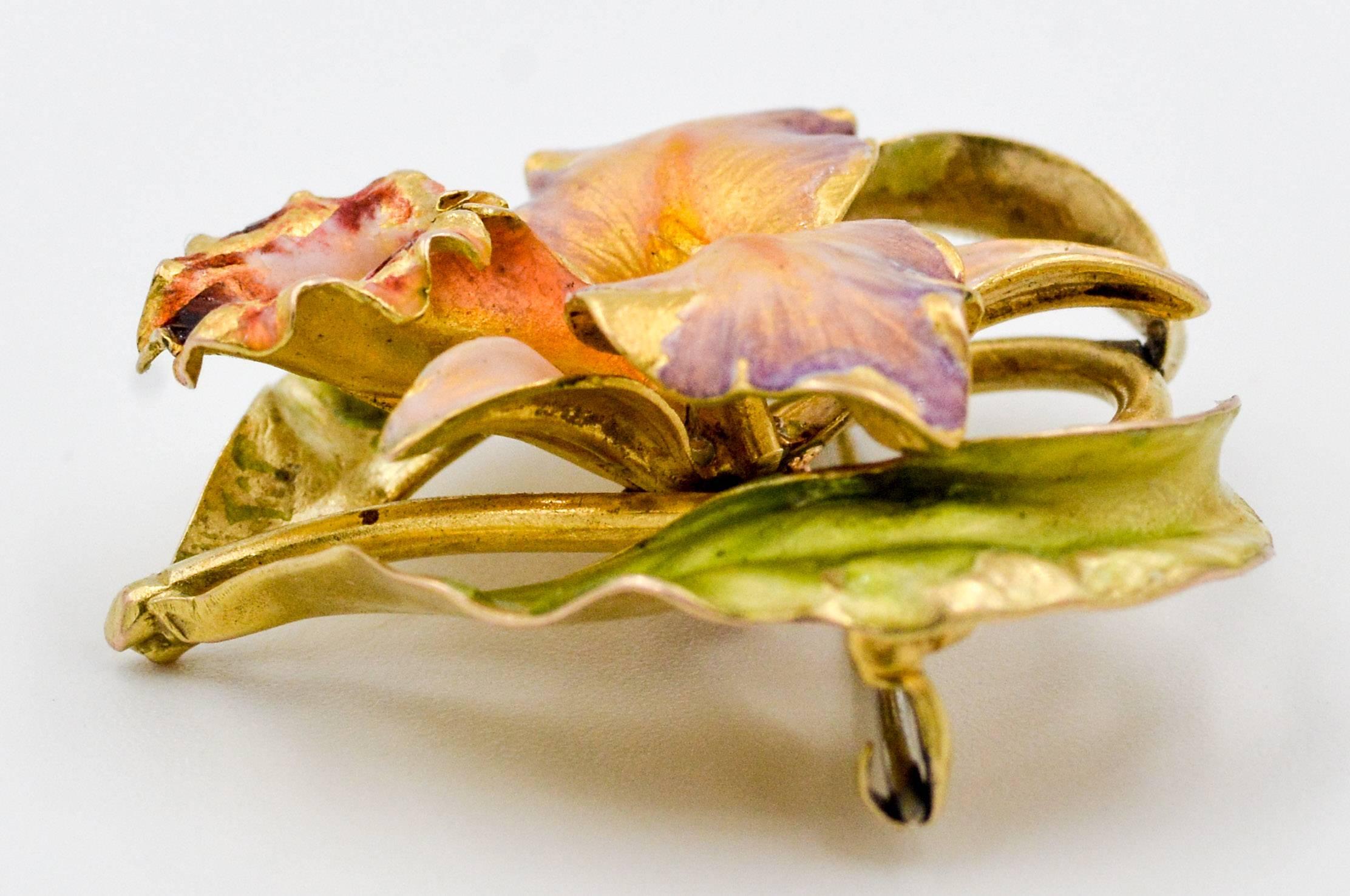 This classic Art Nouveau brooch pin is amazingly crafted to capture the likeness of an iris surrounded by leaves.  The pin is made of 14kt yellow gold and is enameled in a very life like fashion capturing the beauty of a flower that never dies.  