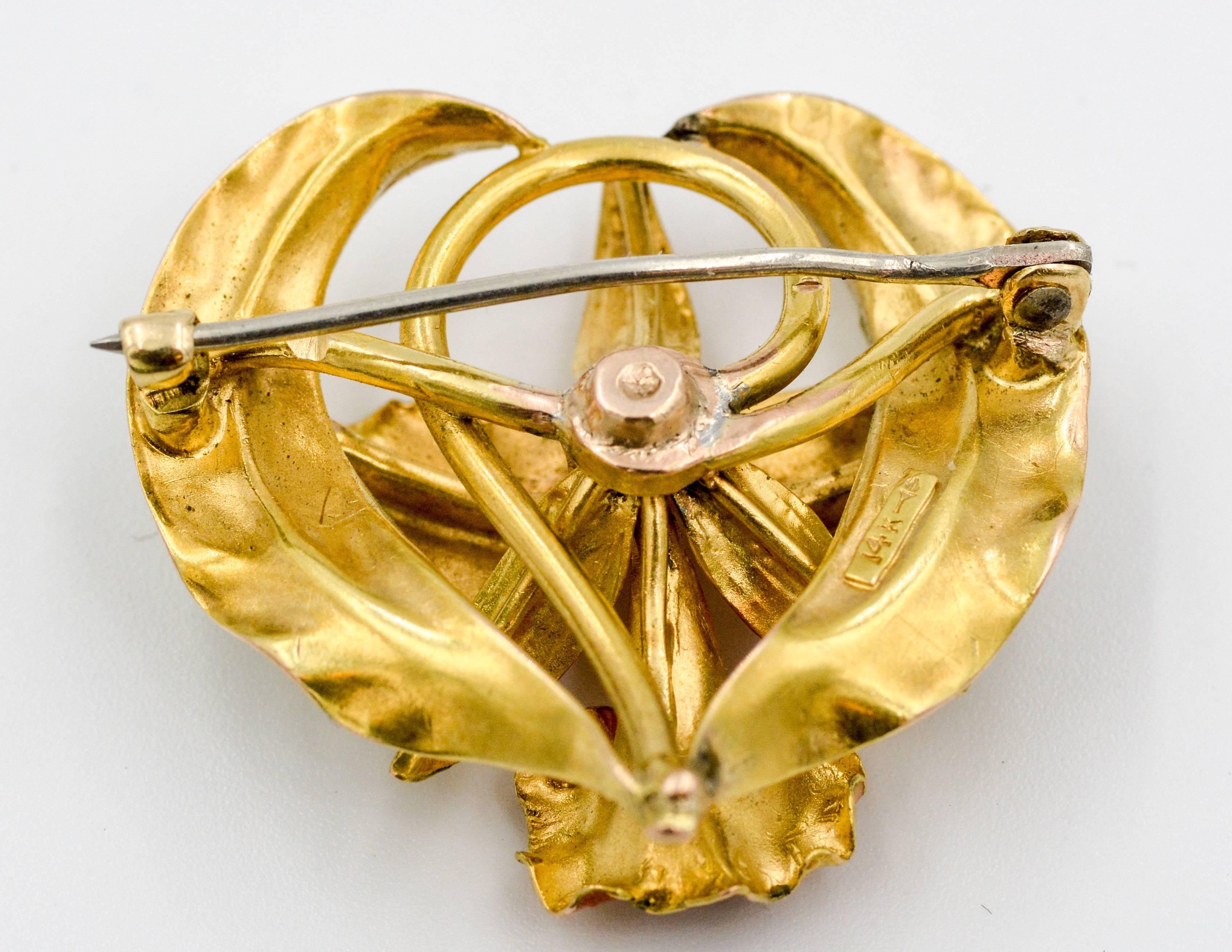 Art Nouveau Enamel Gold Iris Brooch In Good Condition In Dallas, TX
