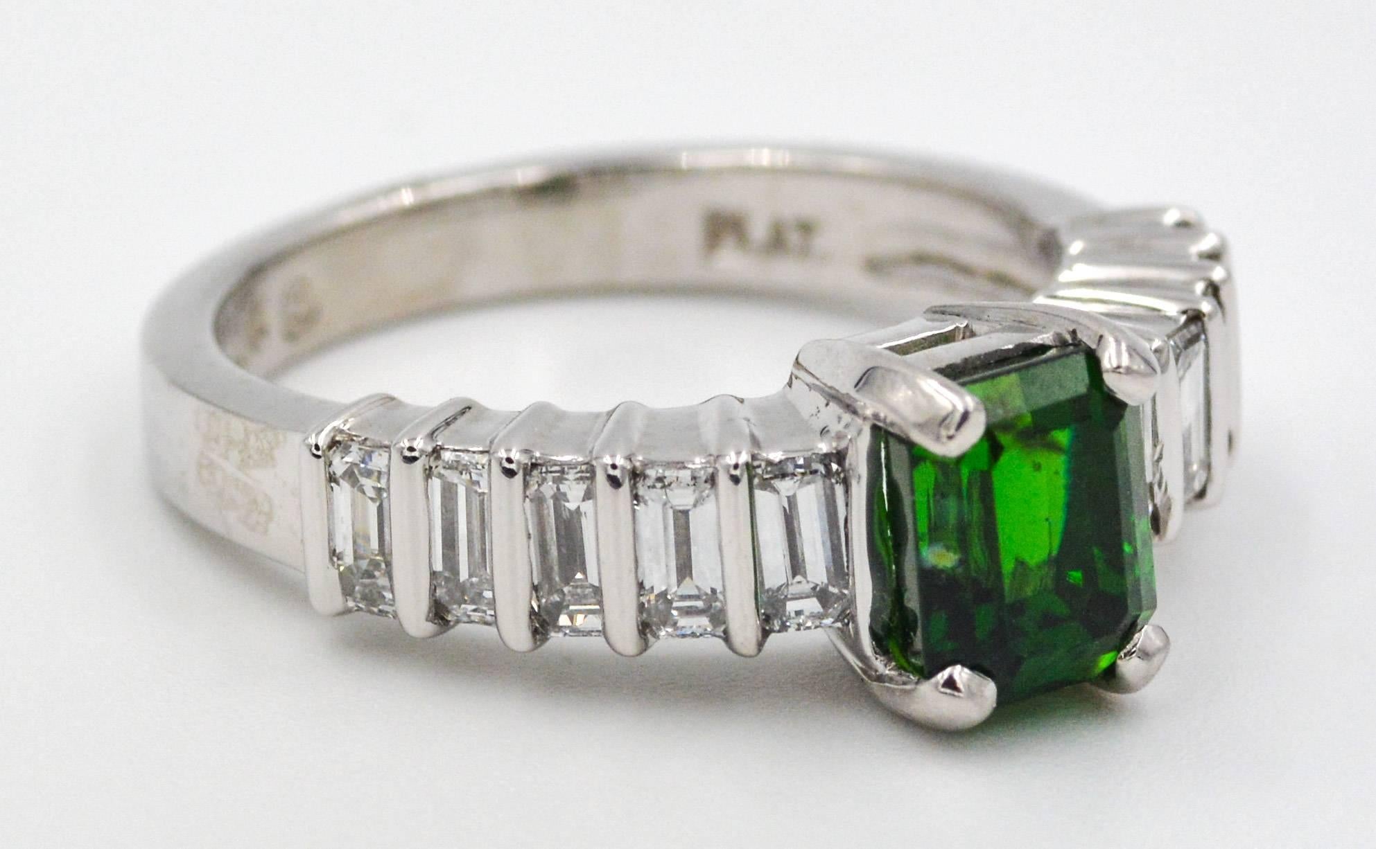 Emerald Cut Green Tourmaline 1.06 Carat Diamond Platinum Ring