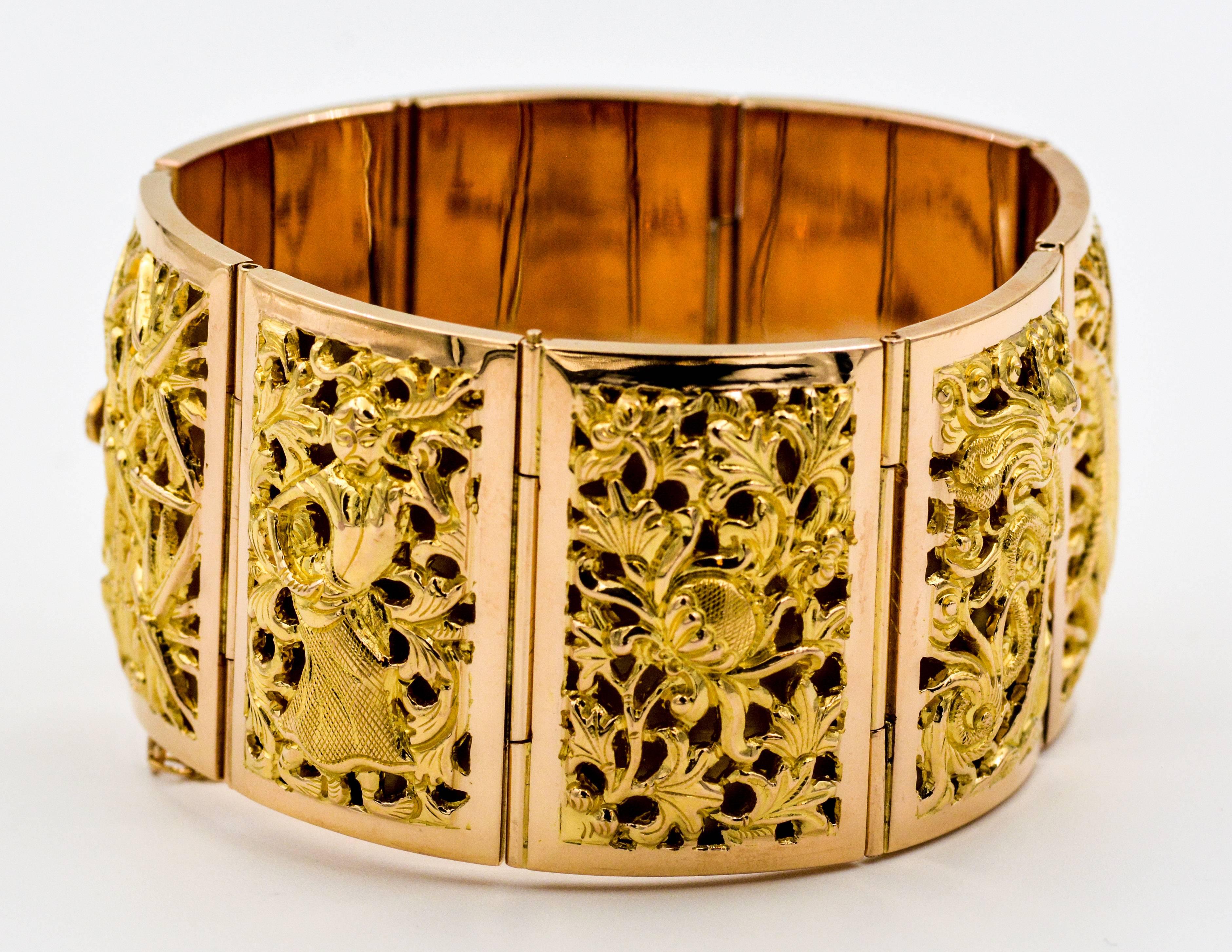 Asian Four Seasons Panel 18 Karat Yellow Gold Bracelet 2