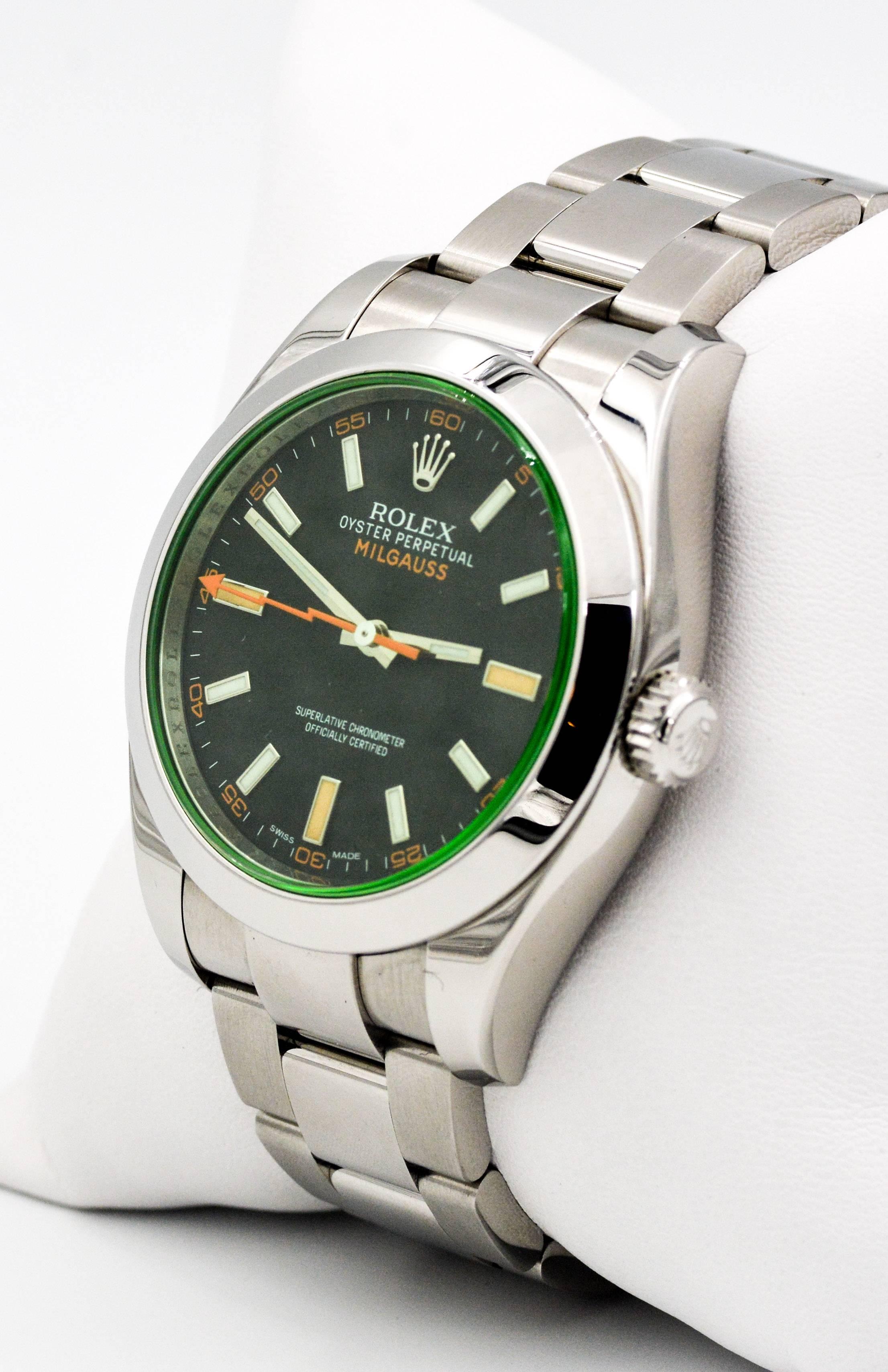 Modern Rolex Stainless Steel Milgauss Black Dial Automatic Wristwatch