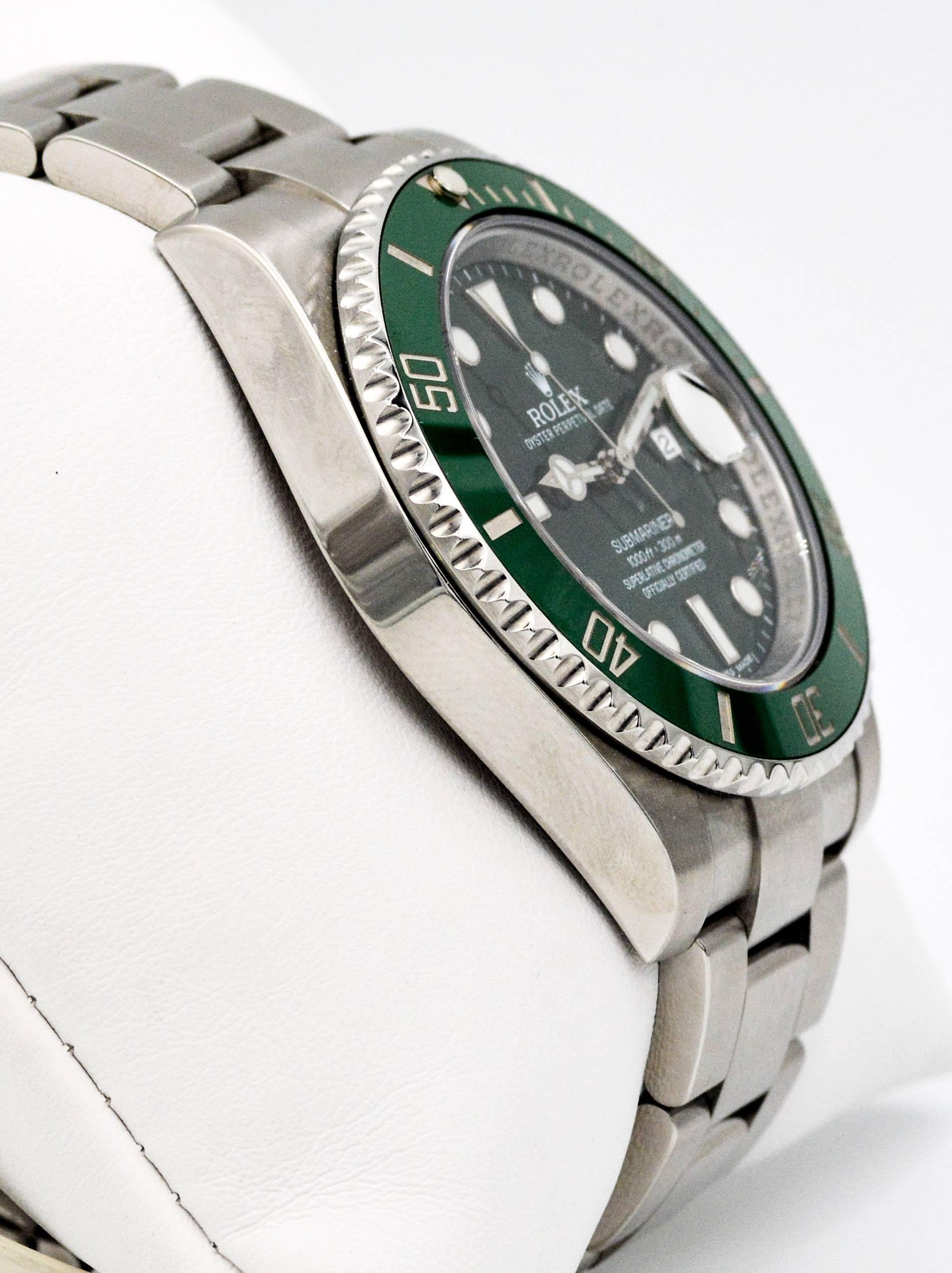 This certified Pre-Owned Rolex Submariner has a 40 mm case, Stainless steel bracelet, green dial with white dial indices, green rotating bezel, and a sapphire crystal.  This roles is model # 116610LV.
