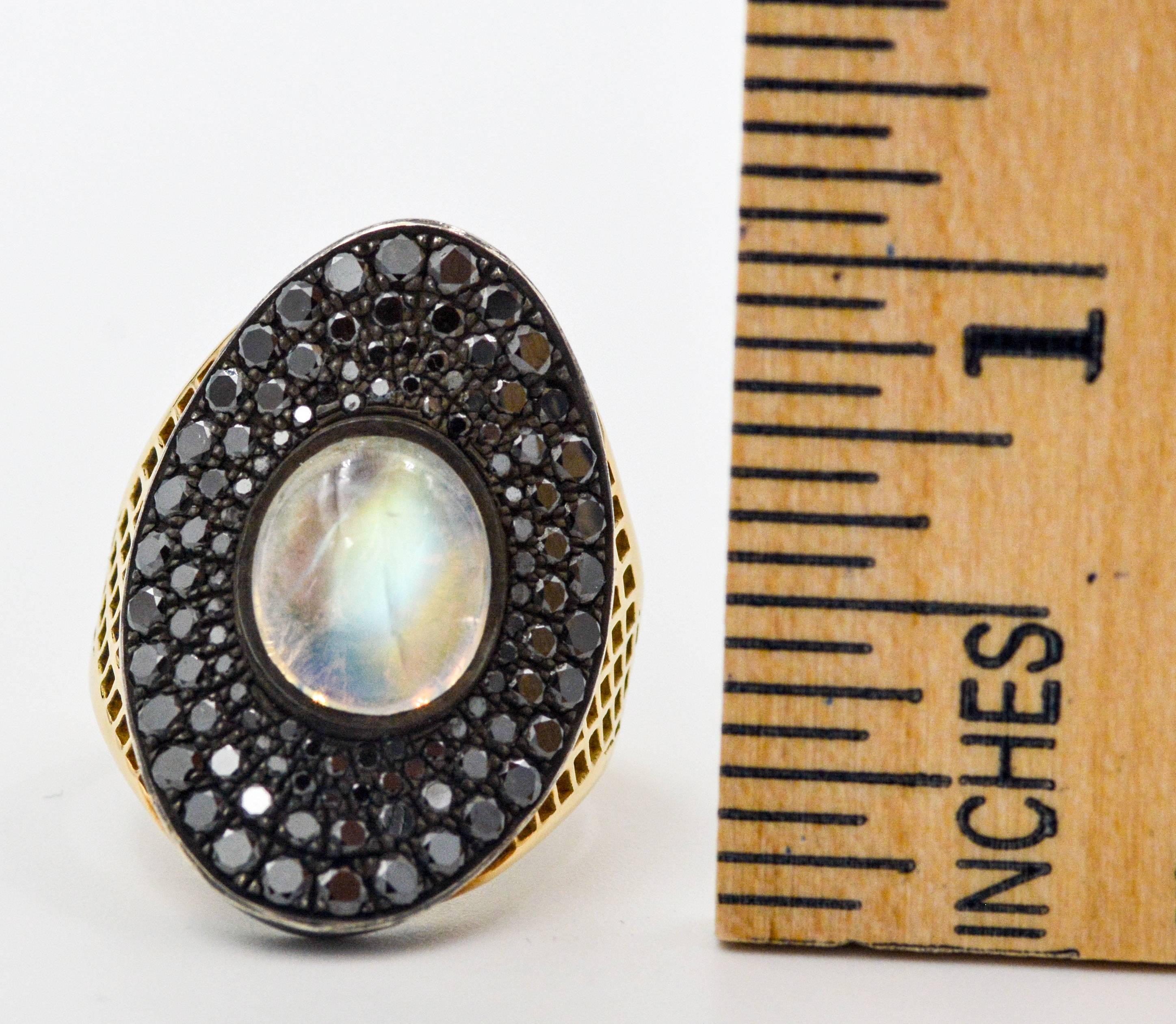 Modern Ray Griffith 2.85 ctw Black Diamond and Moon Stone 18 Karat Yellow Gold Ring