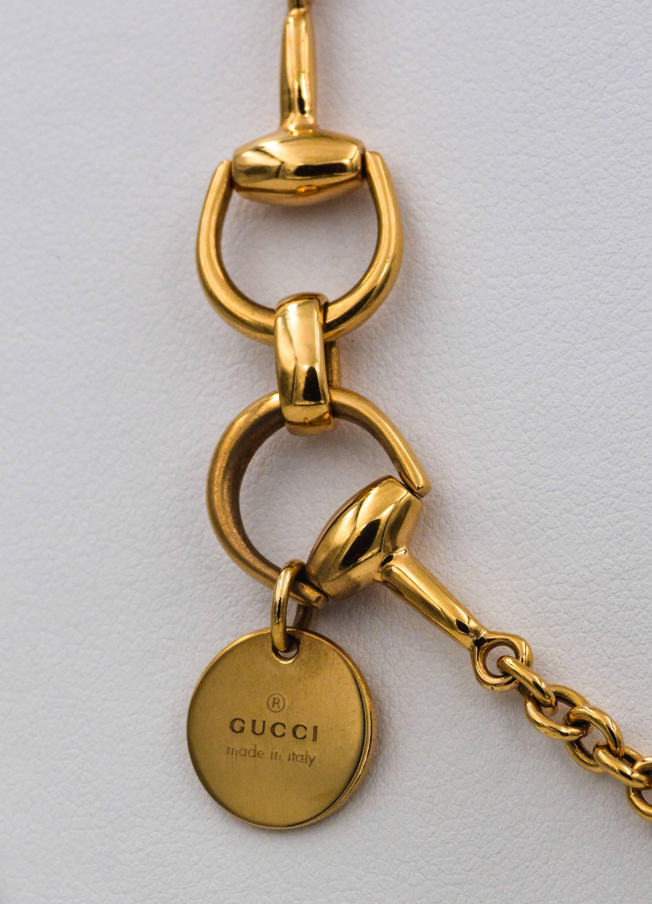 This amazing 18kt rose gold Gucci necklace is made with the signature Horse Bit theme in sections mixed into link chain.  The Gucci necklace is 35 inches long.  You can wear this Gucci Horse Bit necklace as on long single chain or you can double it