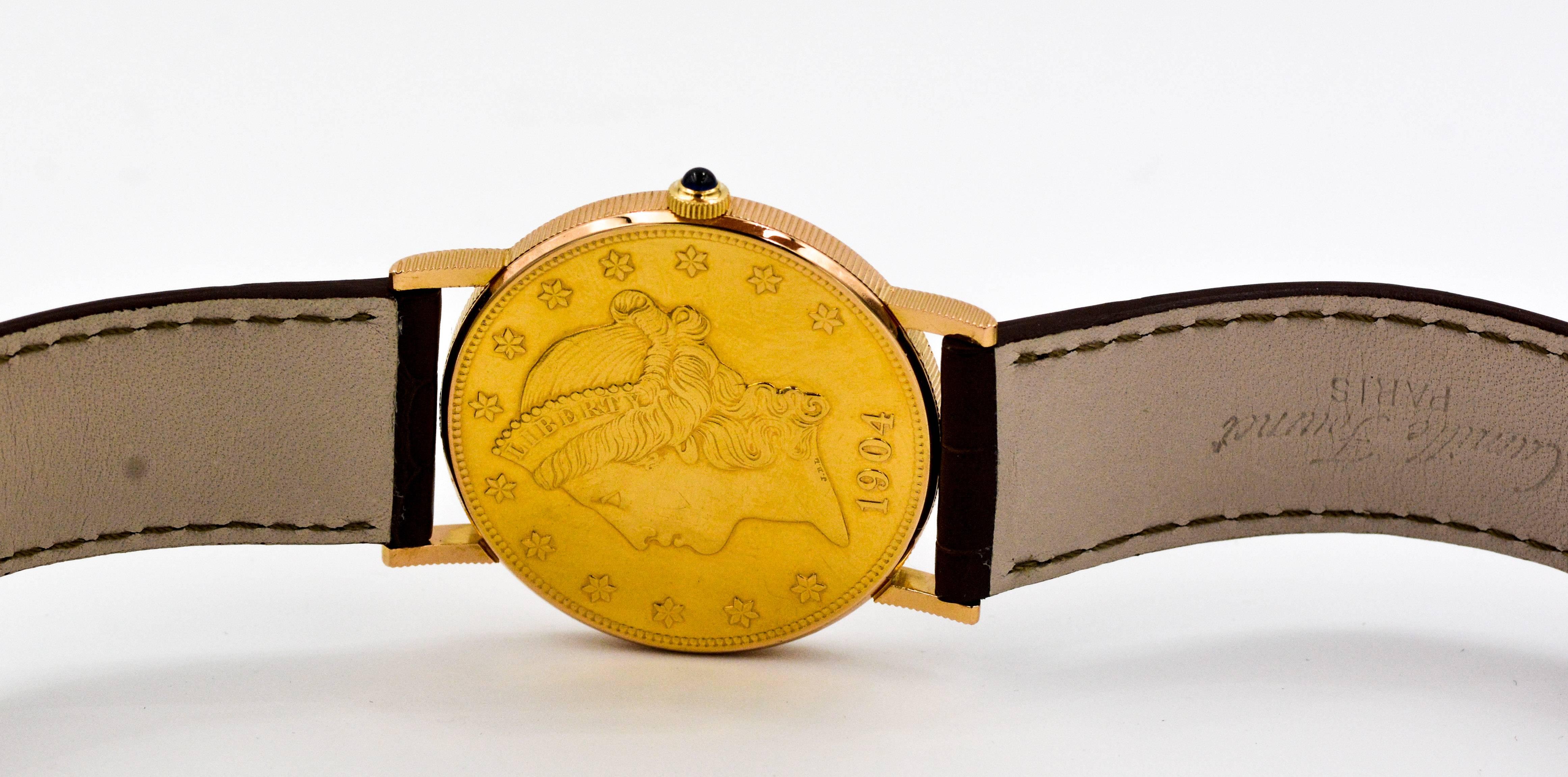 Women's or Men's Corum Yellow Gold Liberty $20 Coin Face Manual Wind Wristwatch 