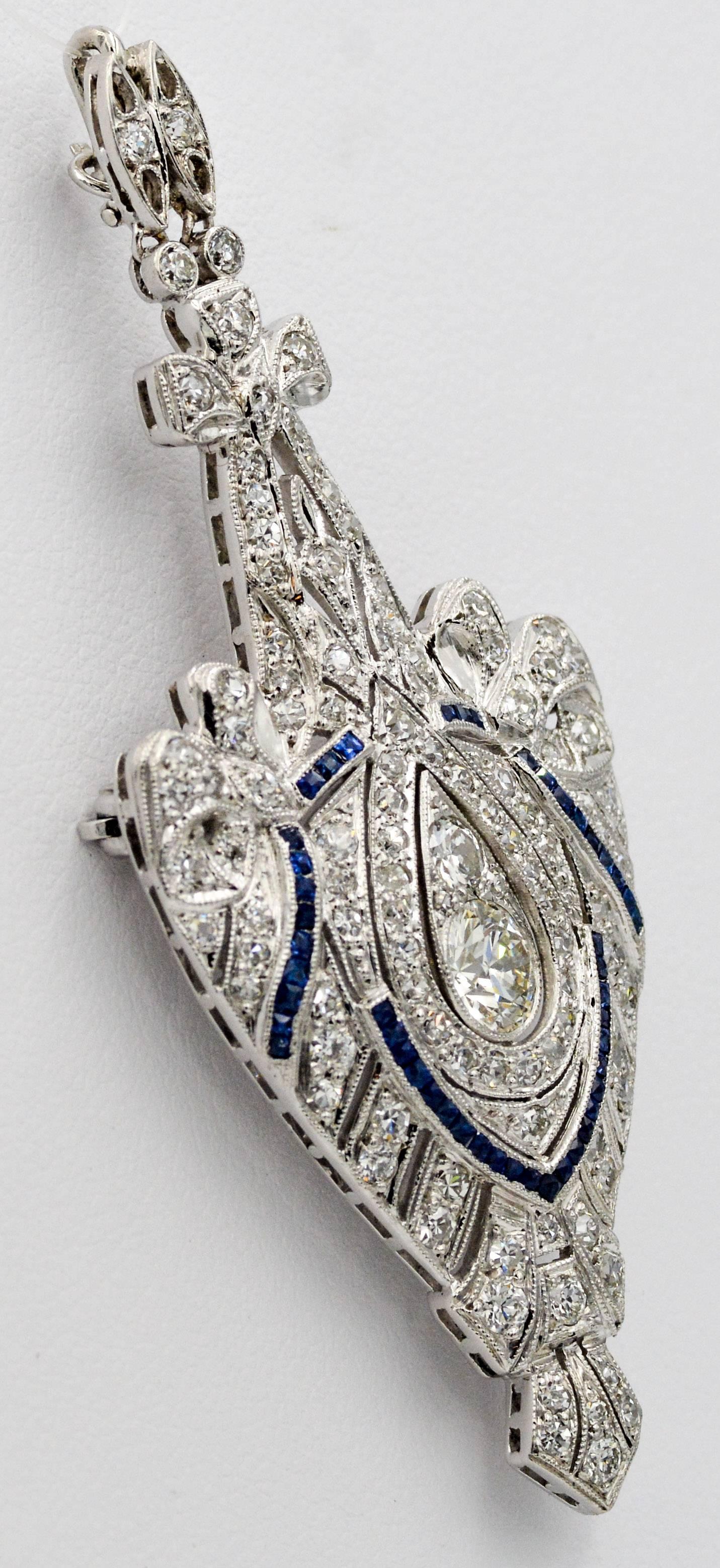 3.00 Carat Diamond Sapphire Platinum Pin Pendant  In New Condition In Dallas, TX