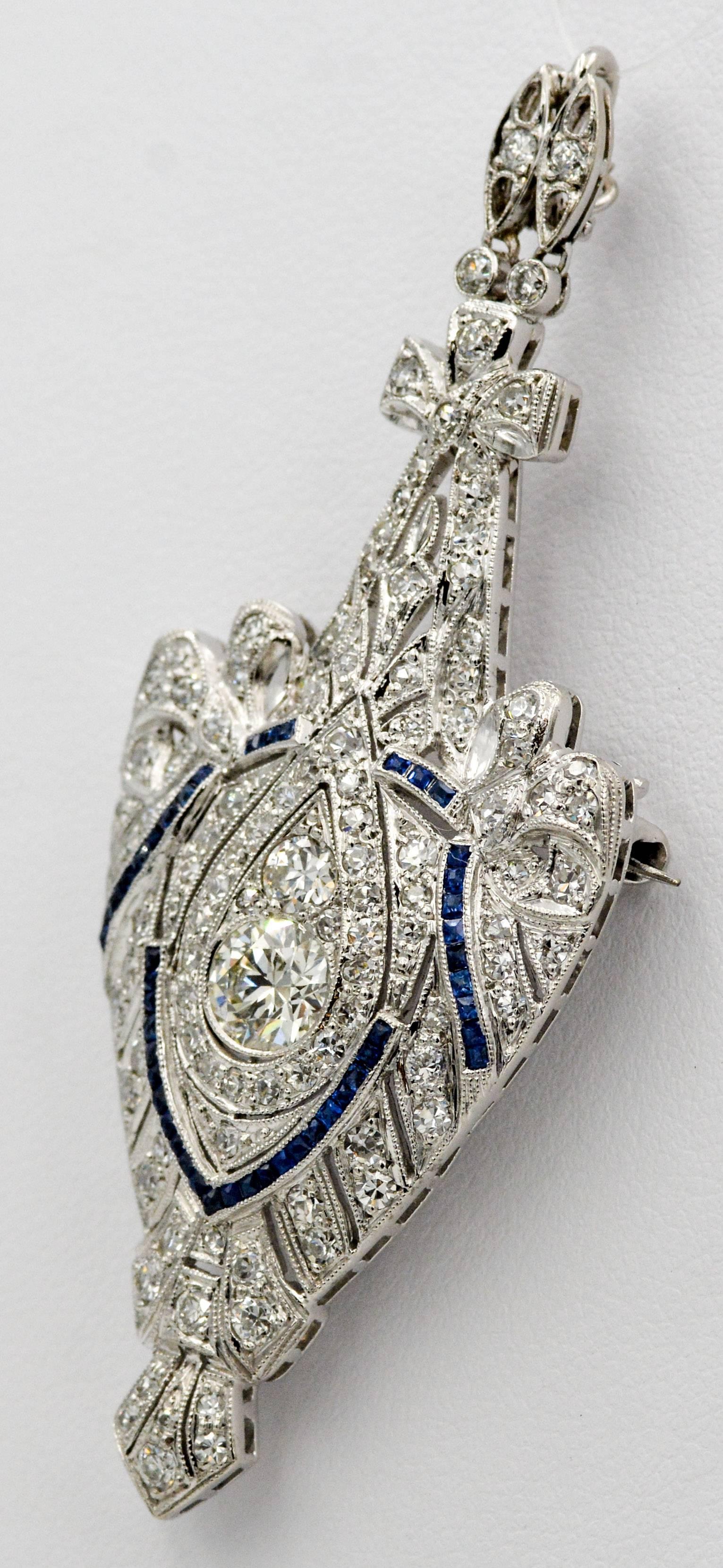 Women's or Men's 3.00 Carat Diamond Sapphire Platinum Pin Pendant 