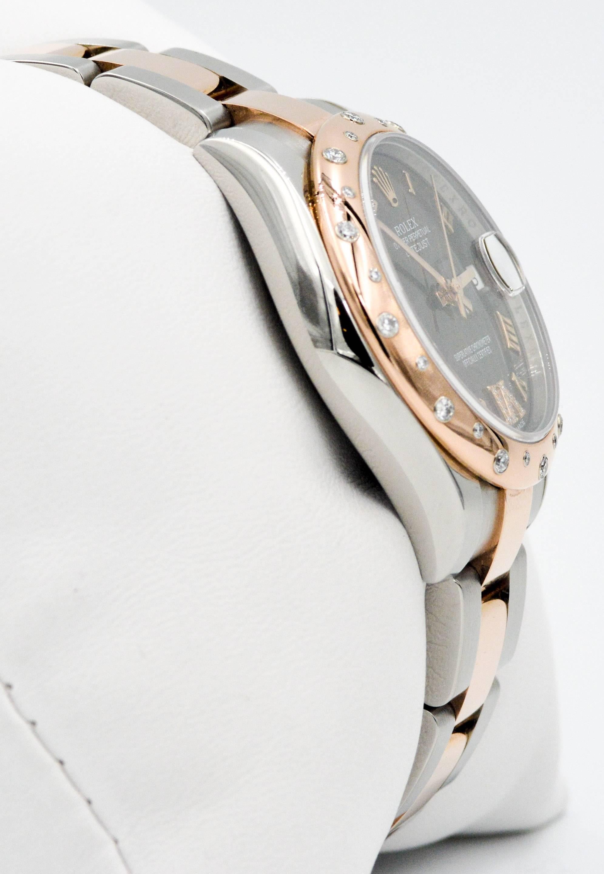 Ladies 31mm steel & 18kt Everose gold, bezel set with 24 round brilliant-cut diamonds, oyster bracelet. Chocolate dial with diamonds at the roman numeral 6.