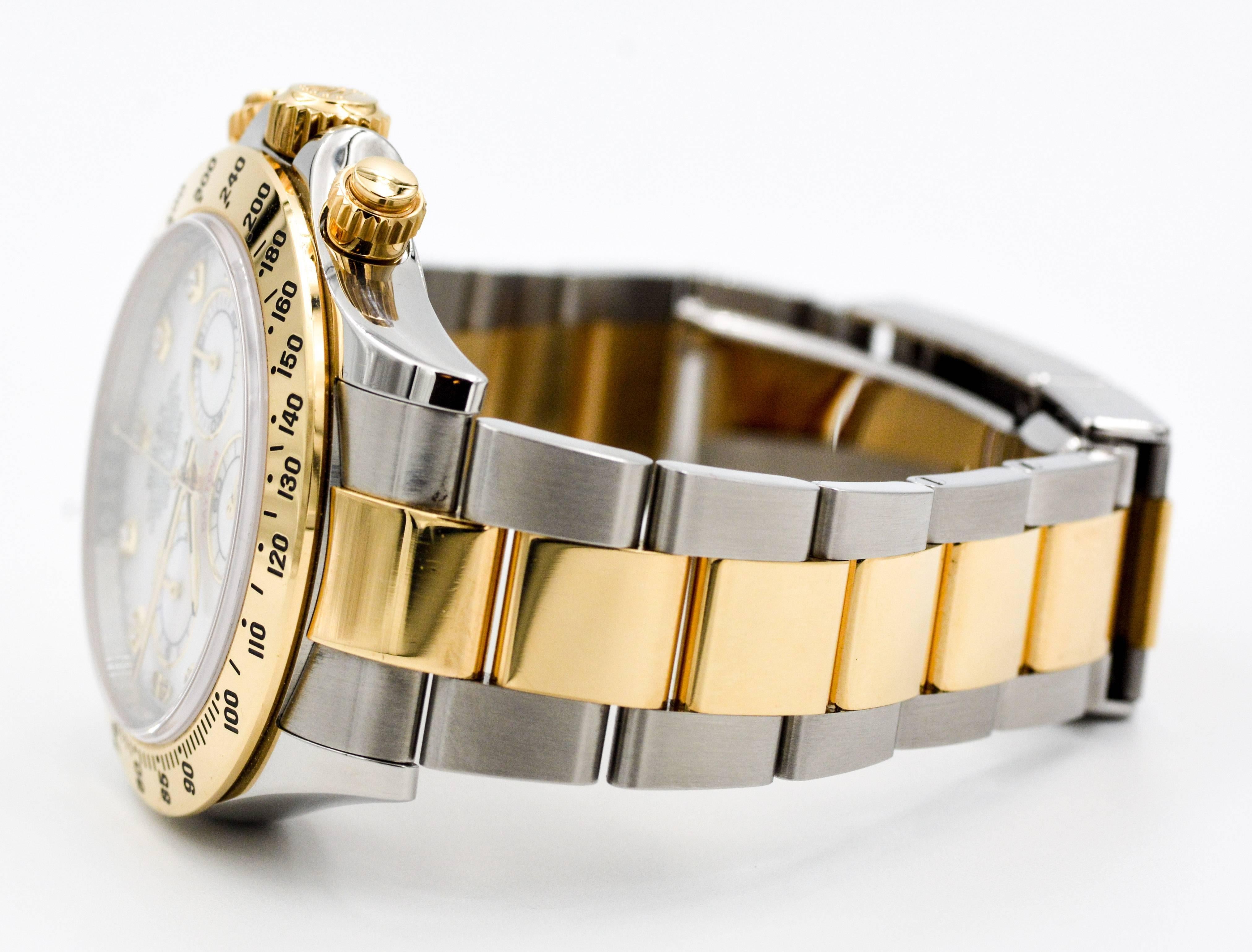 Classic Cosmograph Daytona in 904 L steel and 18kt yellow gold. Beautiful Mother of pearl diamond dial.   