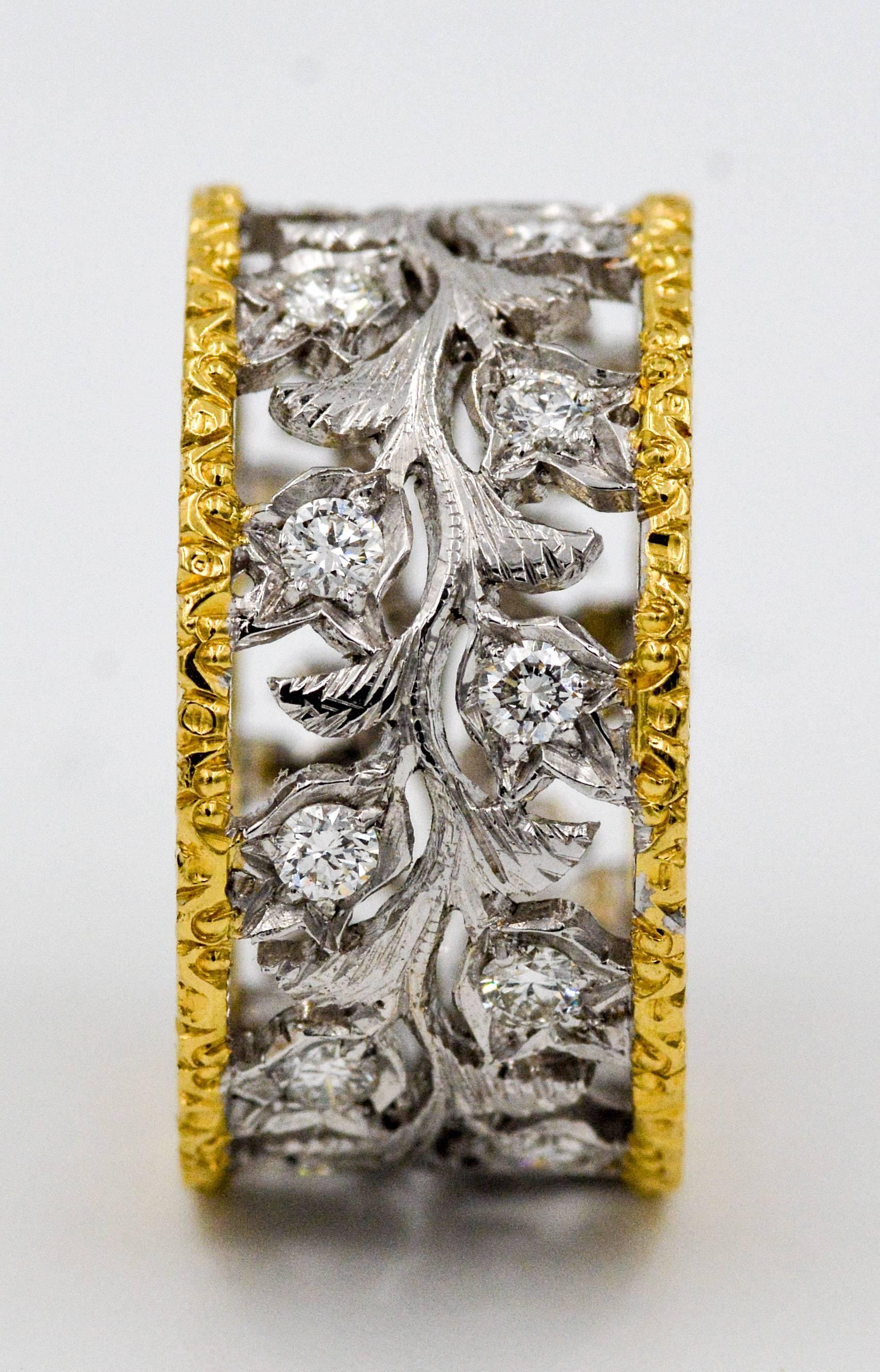 18 Karat Yellow and White Gold Hand Engraved Filigree Leaf Pattern Eternity Band In New Condition In Dallas, TX
