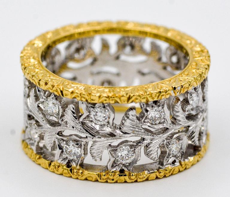 Pattern Eternity 18 Karat Yellow and White Gold Hand Engraved Filigree Leaf Pattern ...