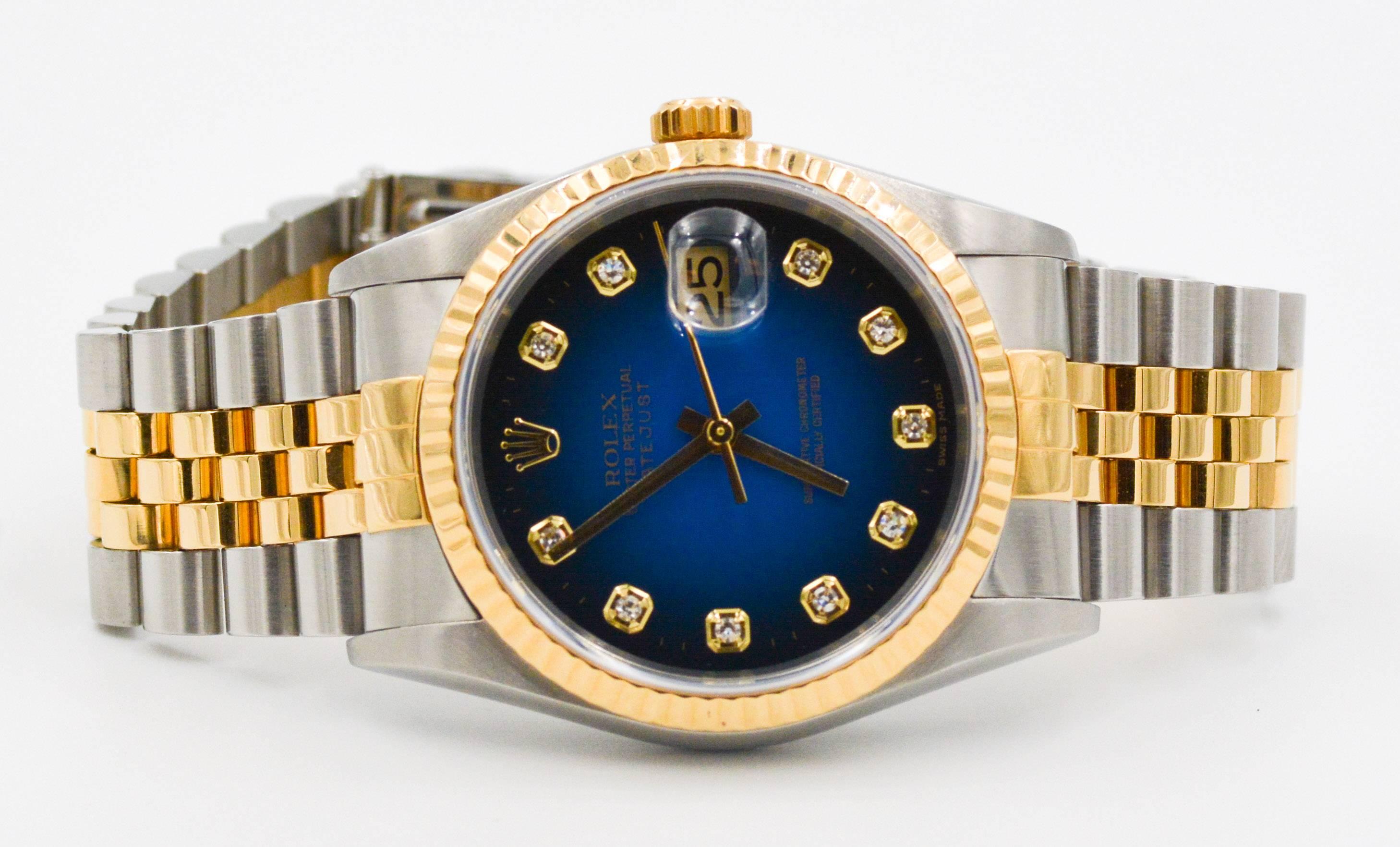 Men's Rolex Ladies Yellow Gold Stainless Steel Blue Diamond Dial Automa Wristwatch