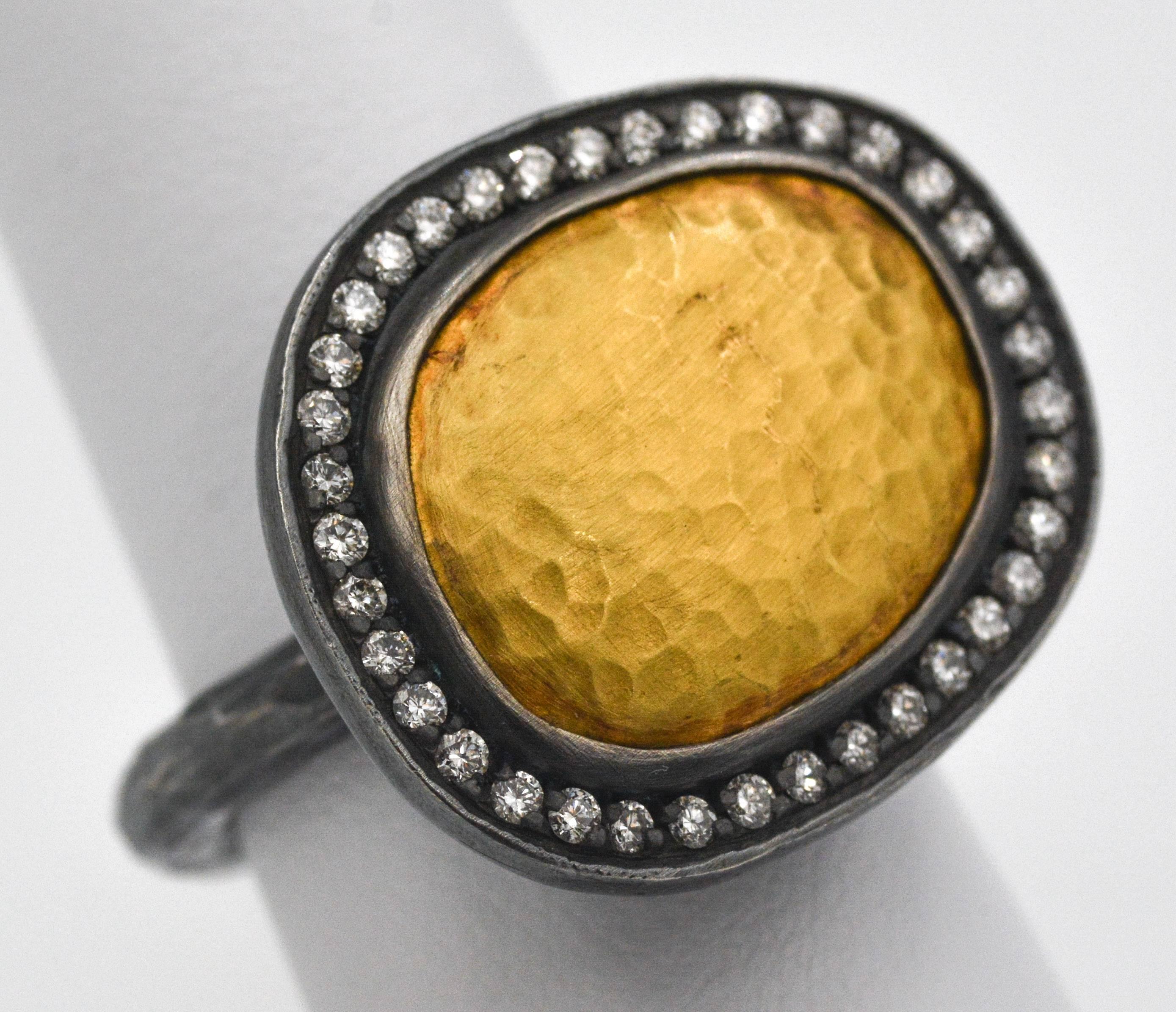 Lika Behar Reflections Diamond Silver Hammered Gold Ring  In New Condition In Dallas, TX
