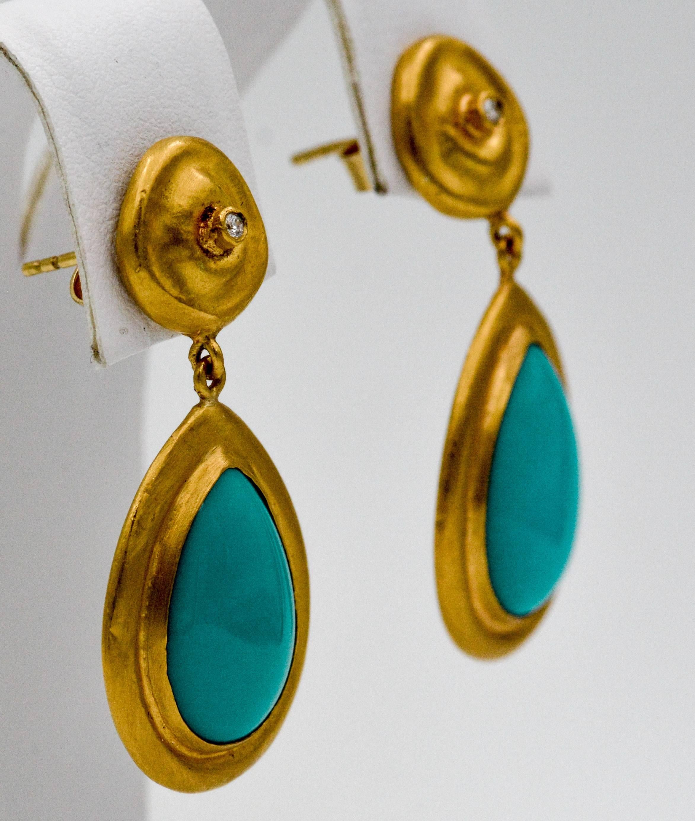 Lika Behar Turquoise Diamond  22kt Yellow Gold Earrings In New Condition In Dallas, TX