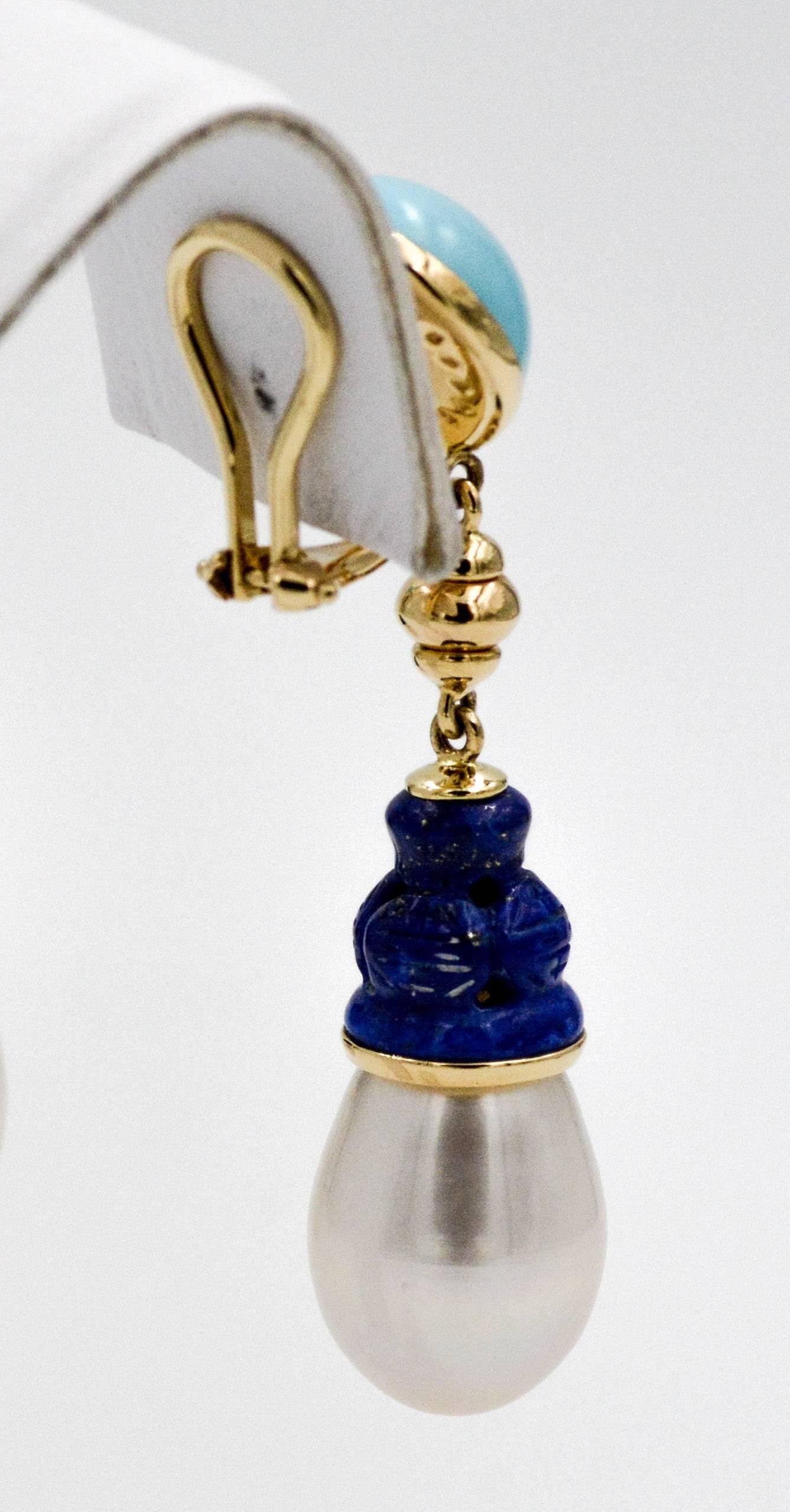 Seaman Schepps Turquoise Carved Lapis Freshwater Pearl Earrings In New Condition In Dallas, TX
