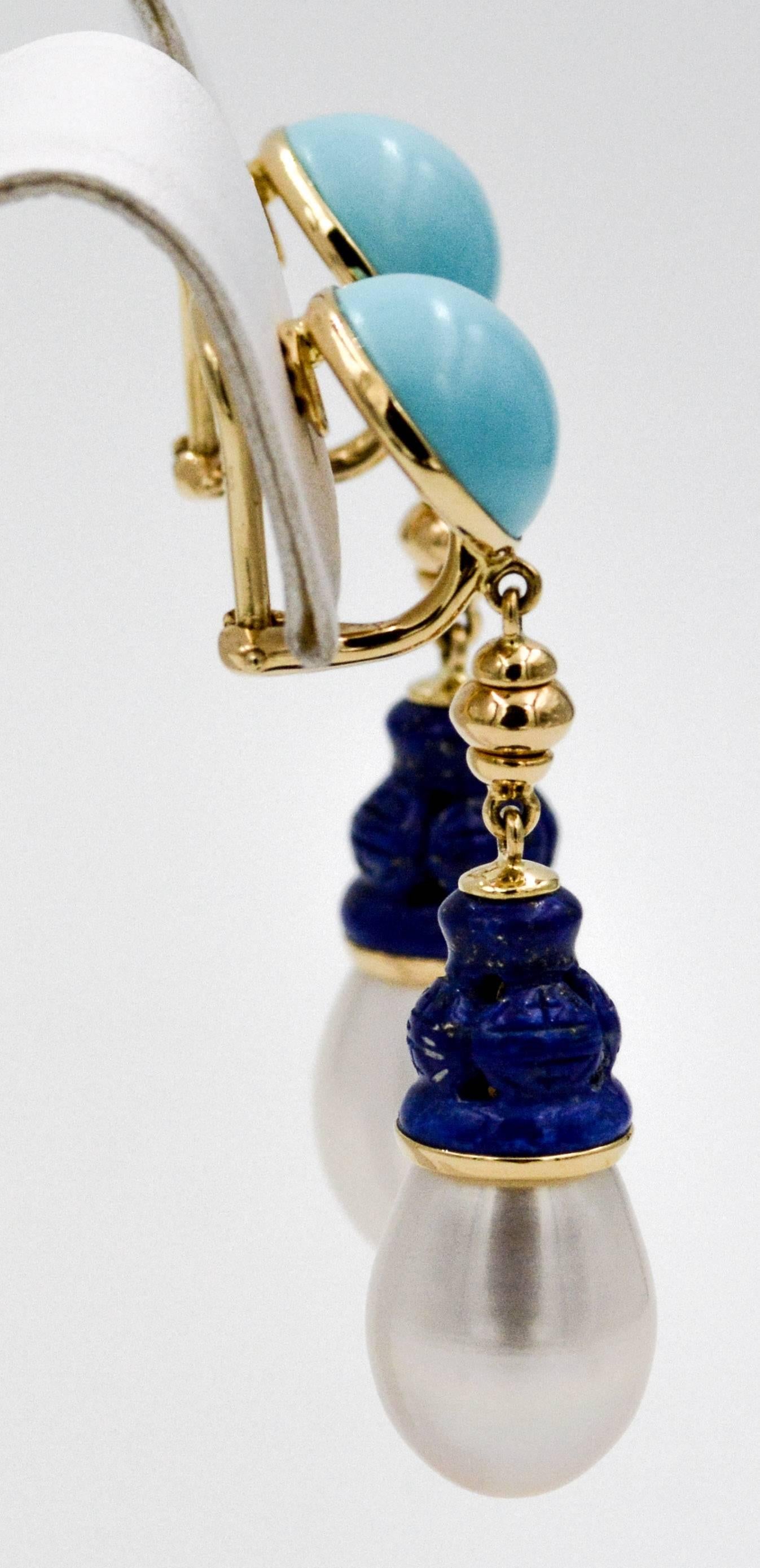 Women's Seaman Schepps Turquoise Carved Lapis Freshwater Pearl Earrings