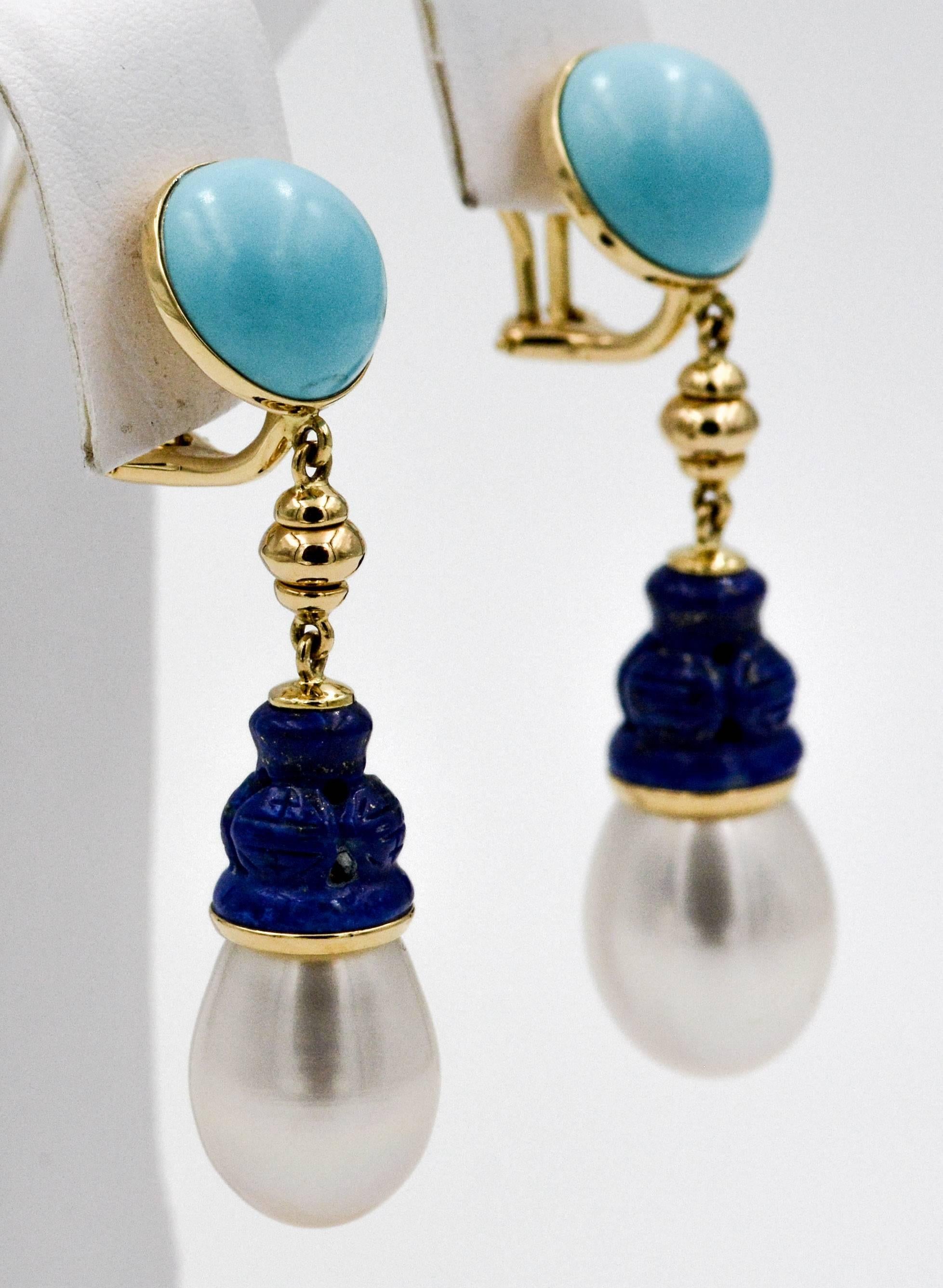 Seaman Schepps Turquoise Carved Lapis Freshwater Pearl Earrings 1