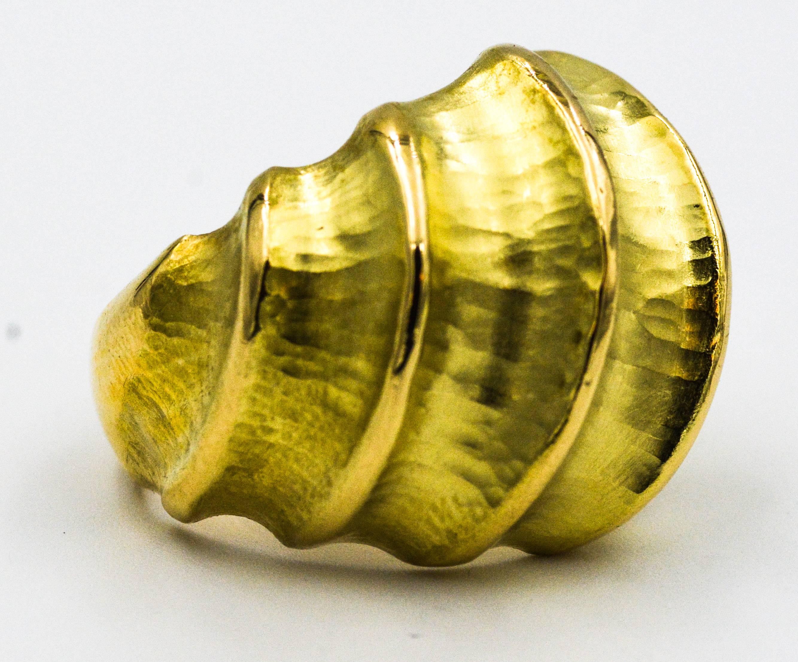 Modern Hammered Valley High Polished Ridge Finished Yellow Gold Ring