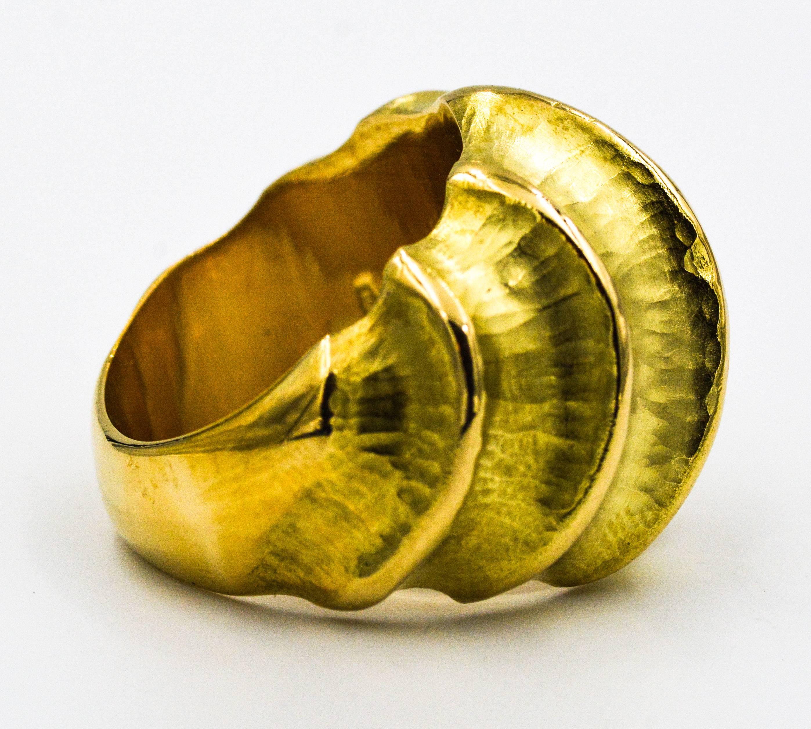 Hammered Valley High Polished Ridge Finished Yellow Gold Ring 3