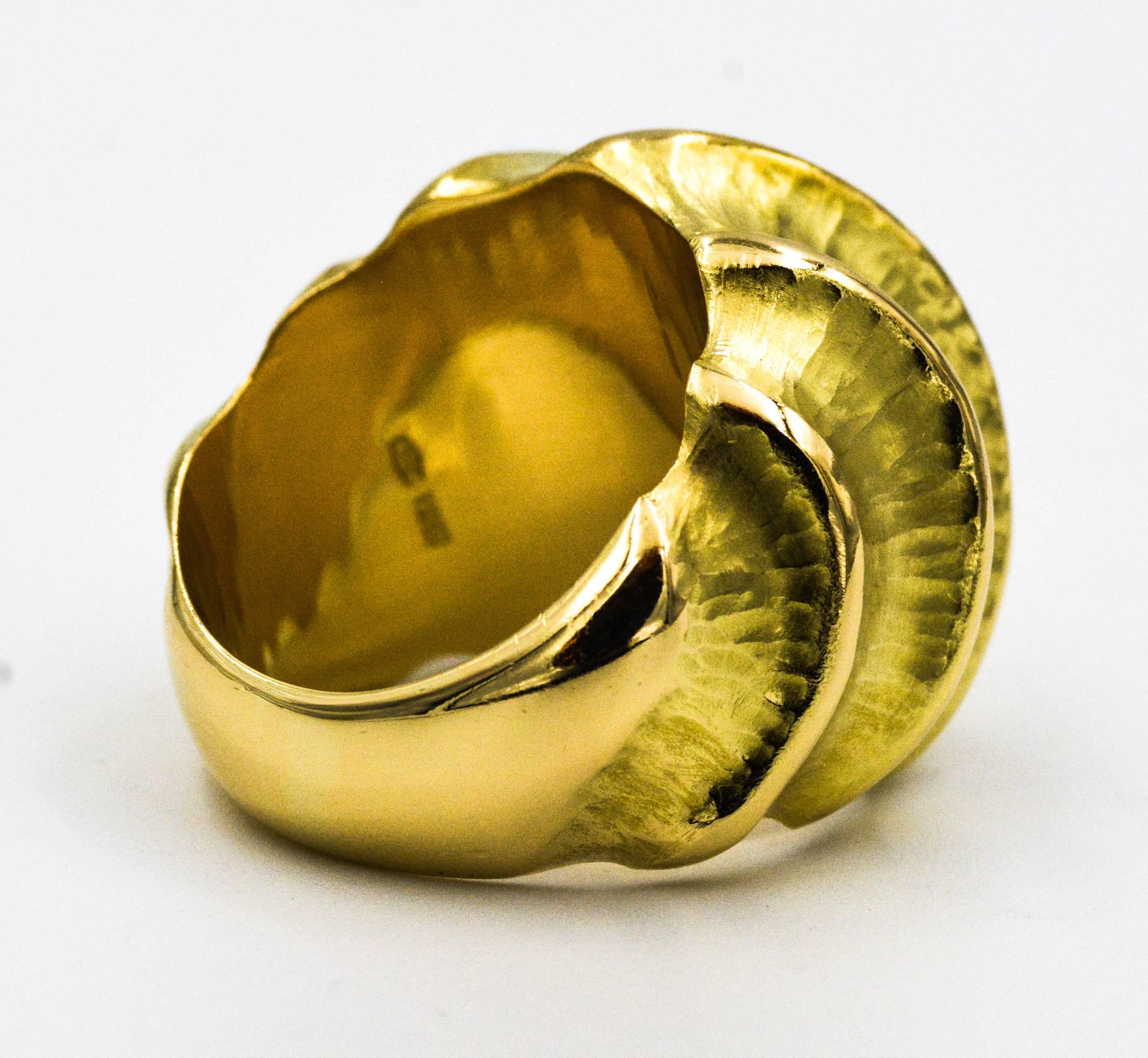 Hammered Valley High Polished Ridge Finished Yellow Gold Ring 2