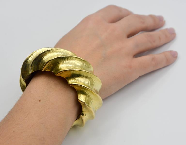 Hammered Finished Yellow Gold Cuff Bracelet For Sale at 1stdibs