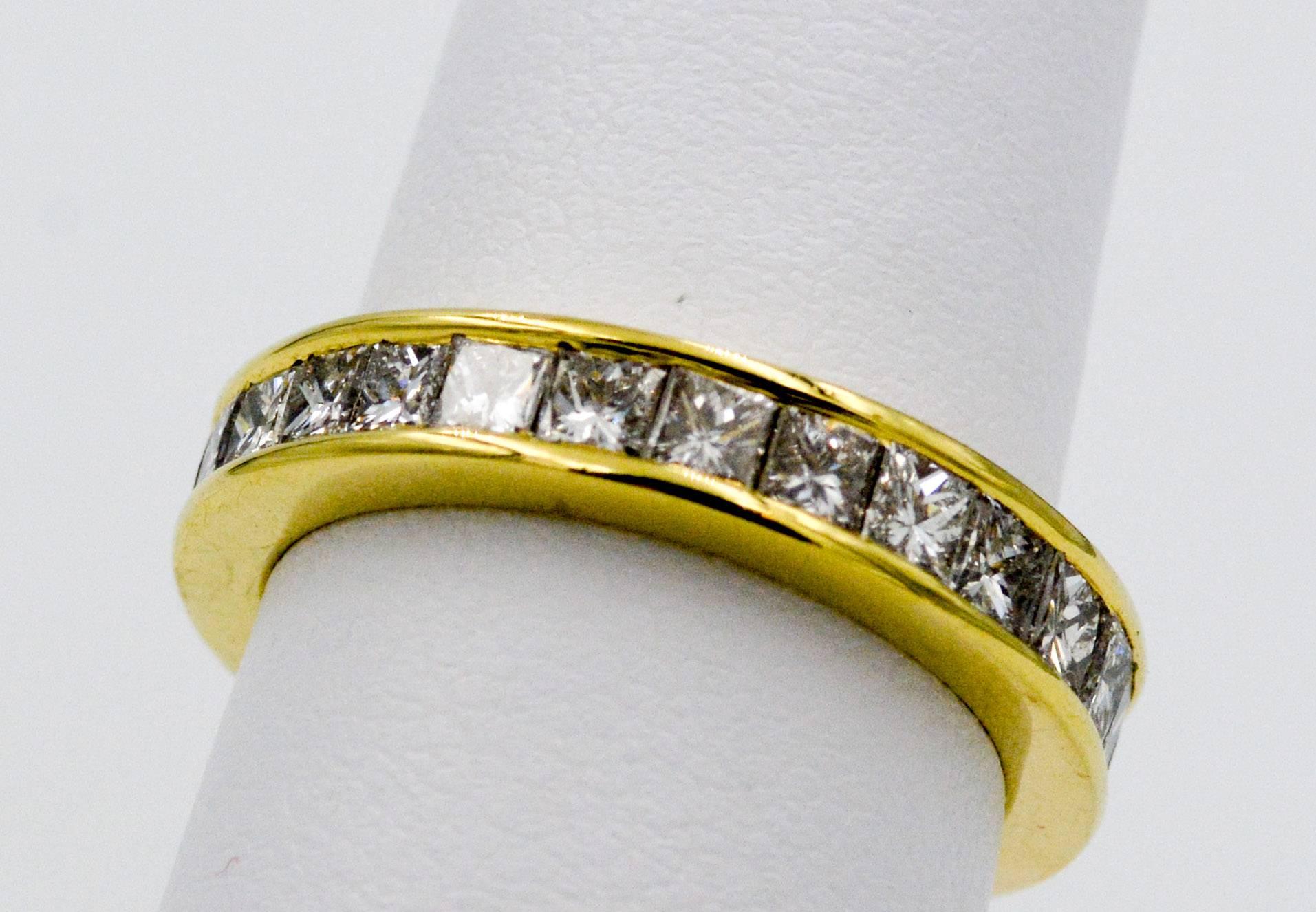 2.00 Carat Princess Cut Diamonds Yellow 18 Karat Gold Eternity Band Ring In Excellent Condition In Dallas, TX
