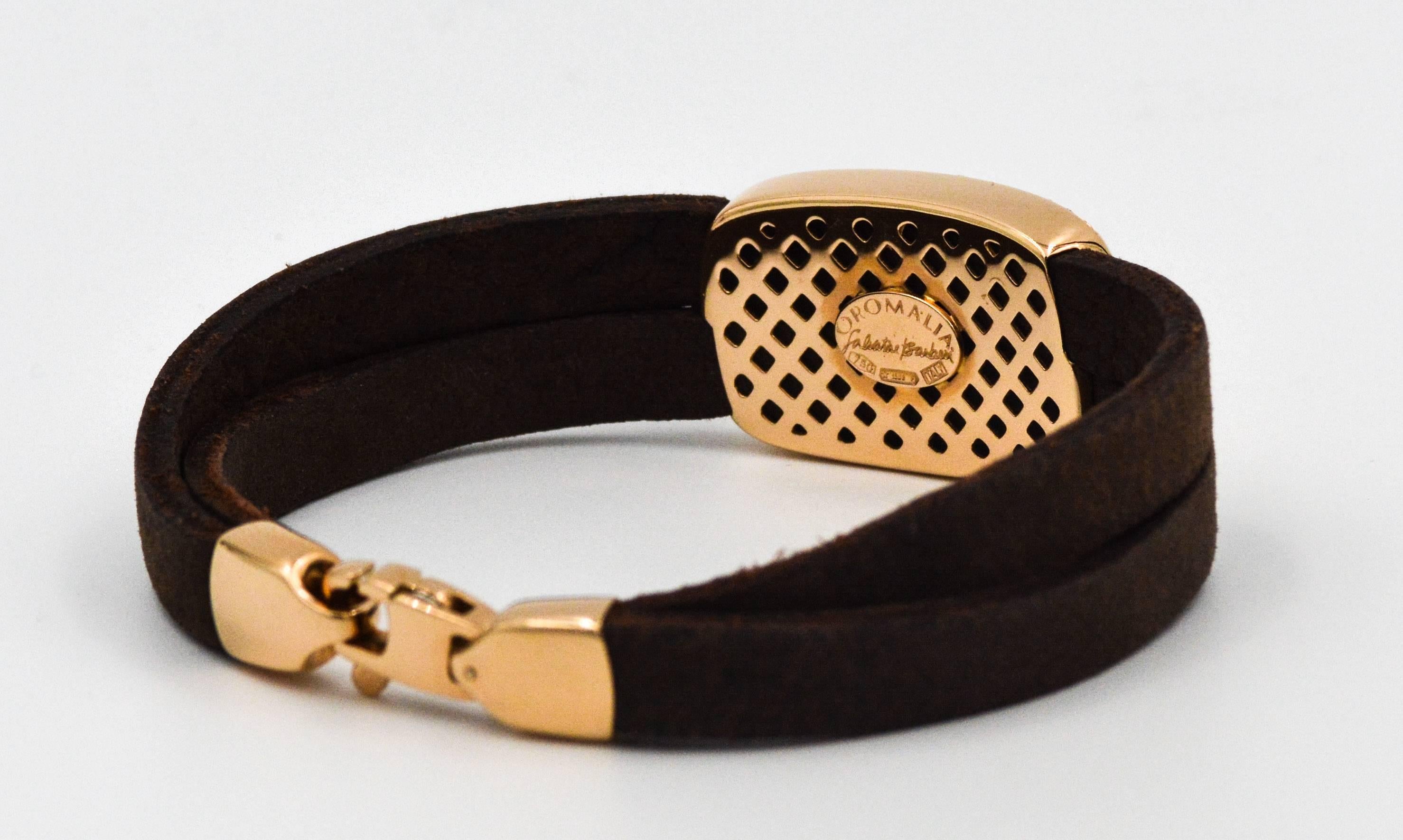 Oromalia Rose Gold Leather Bracelet .41 CT Pave Set Diamonds In New Condition In Dallas, TX