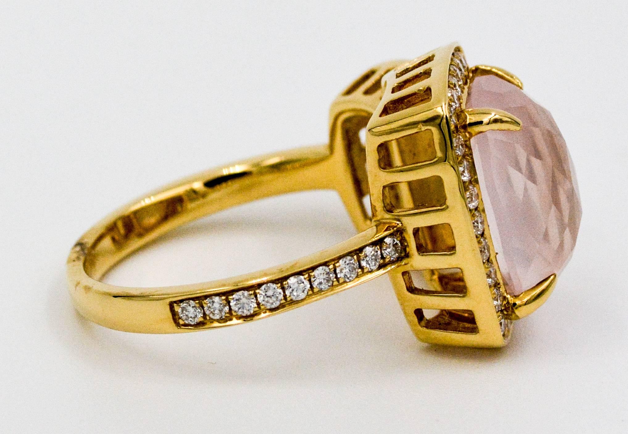 Katie Decker Rose Quartz, 0.45 Carat Diamonds 18 KY Gold Ring In New Condition In Dallas, TX