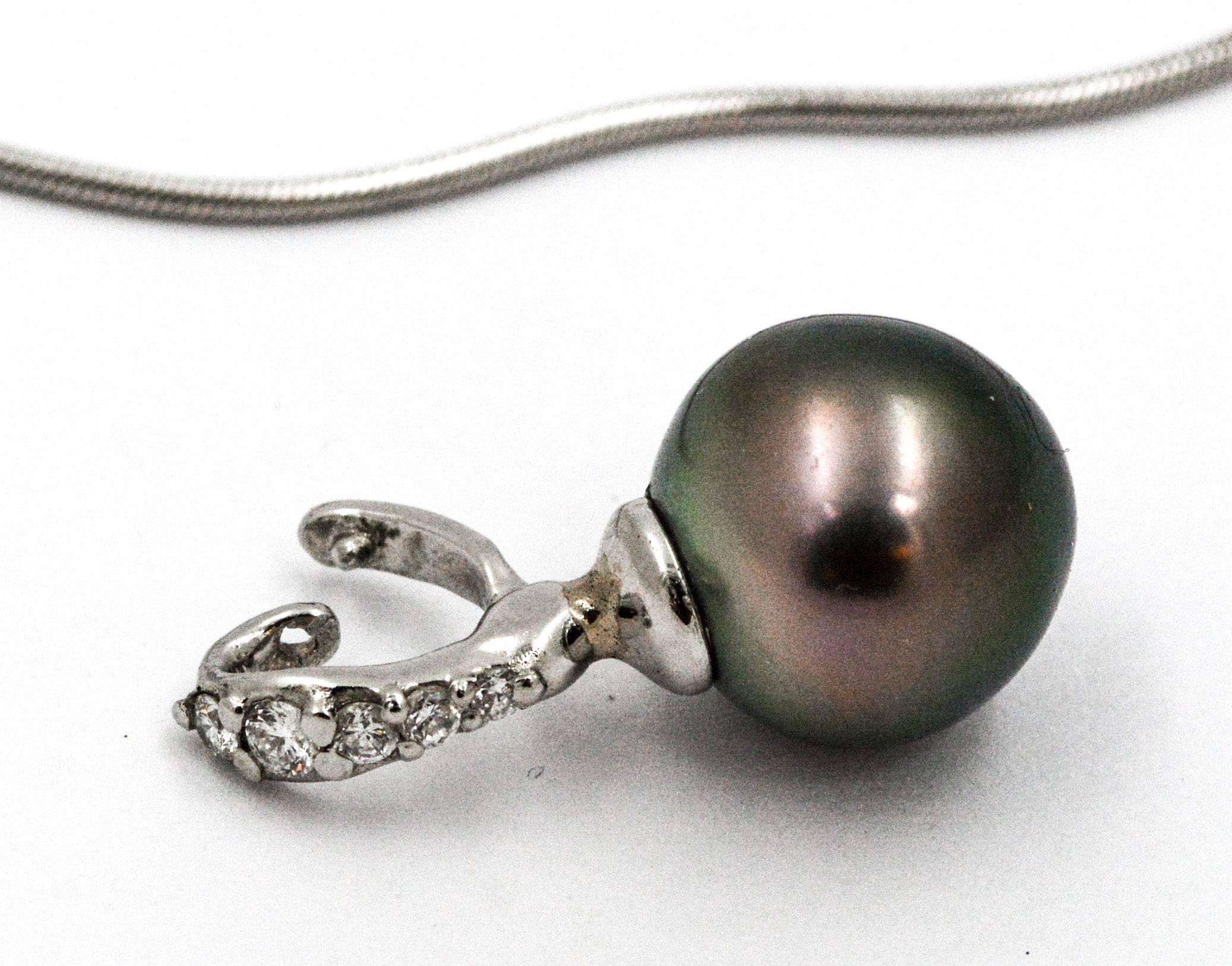 Modern Classic Cultured Black Pearl Drop Pendant and White Gold Snake Chain