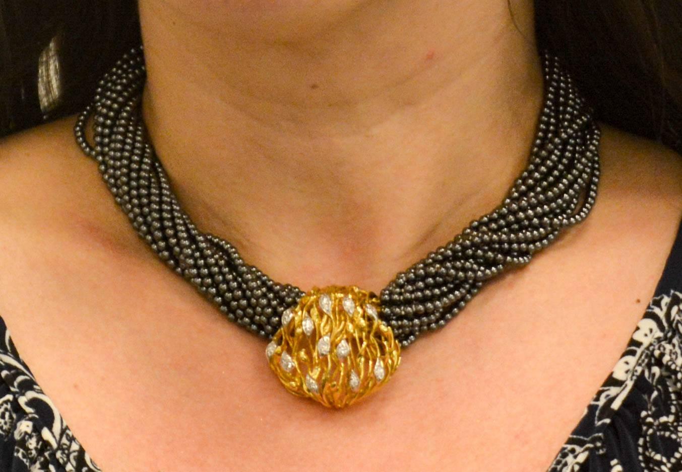 Modern Hematite Torsade Necklace with 0.75 ct Diamond Gold Clasp