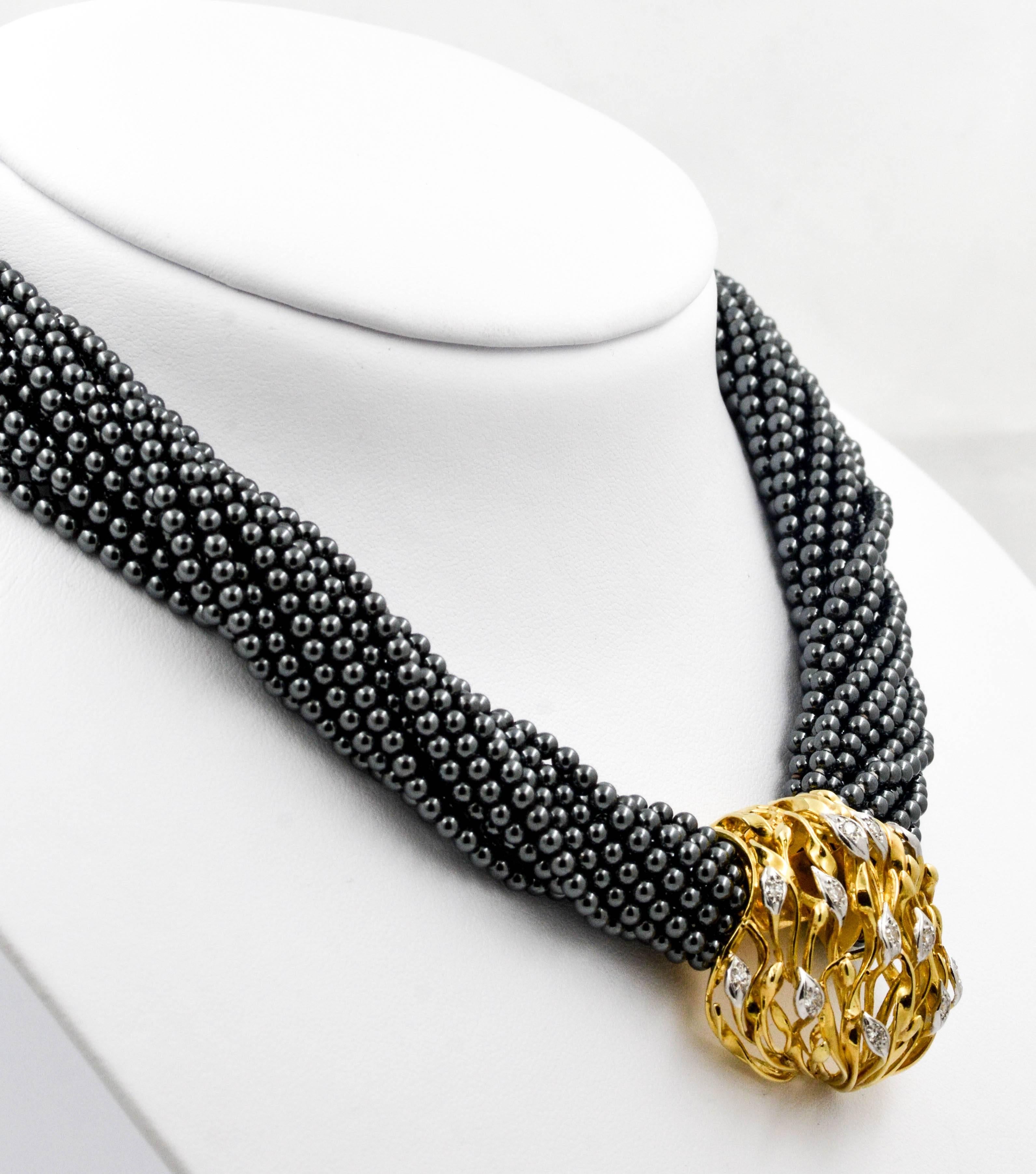 Hematite Torsade Necklace with 0.75 ct Diamond Gold Clasp In Excellent Condition In Dallas, TX