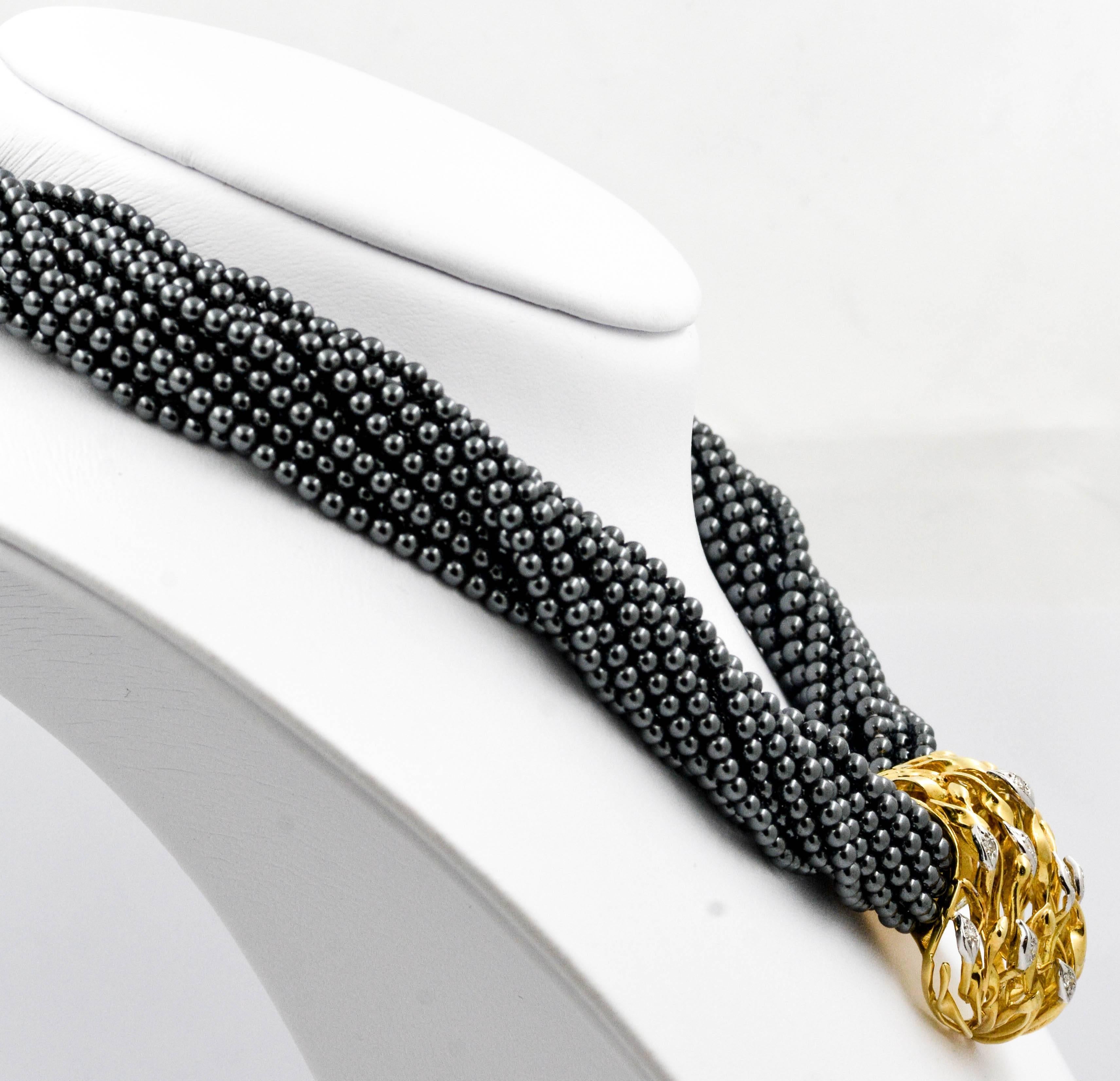 Women's Hematite Torsade Necklace with 0.75 ct Diamond Gold Clasp