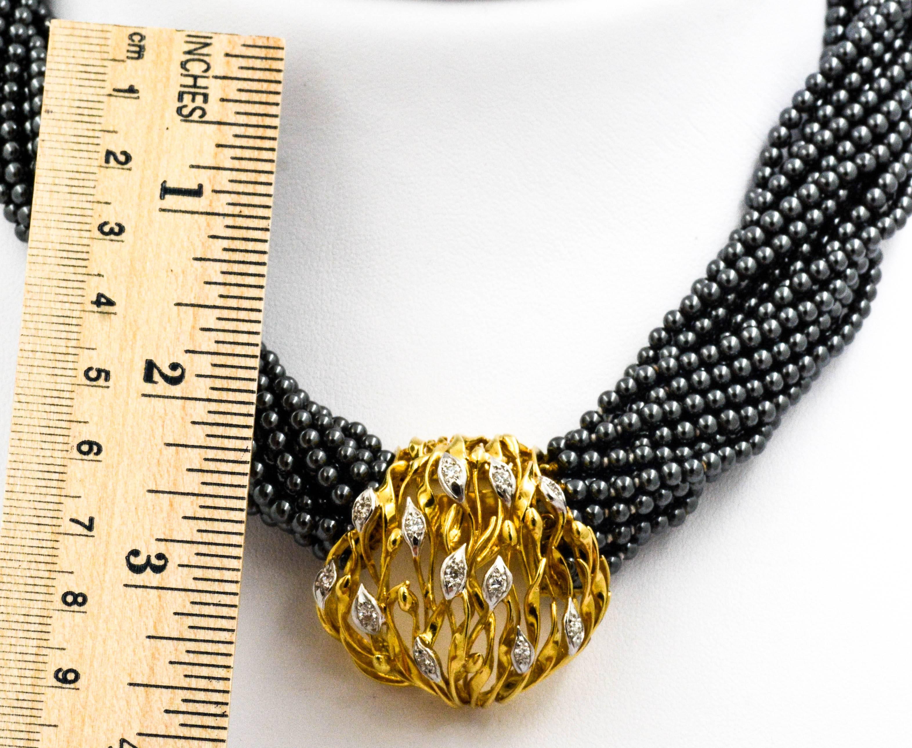 Hematite Torsade Necklace with 0.75 ct Diamond Gold Clasp 1
