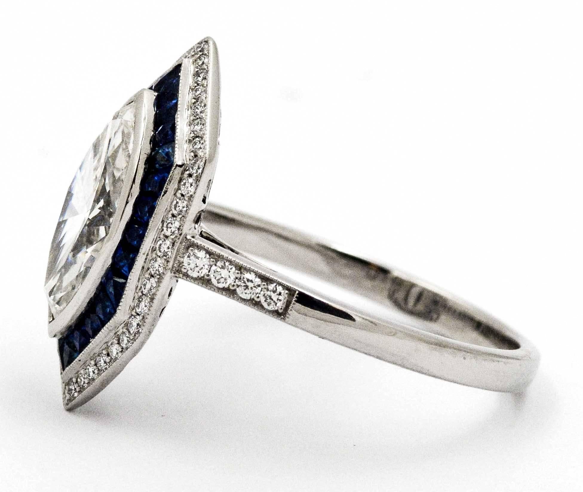 Modern Sapphire 1.22 carat Diamond Platinum  Engagement Art Deco Style Ring  1