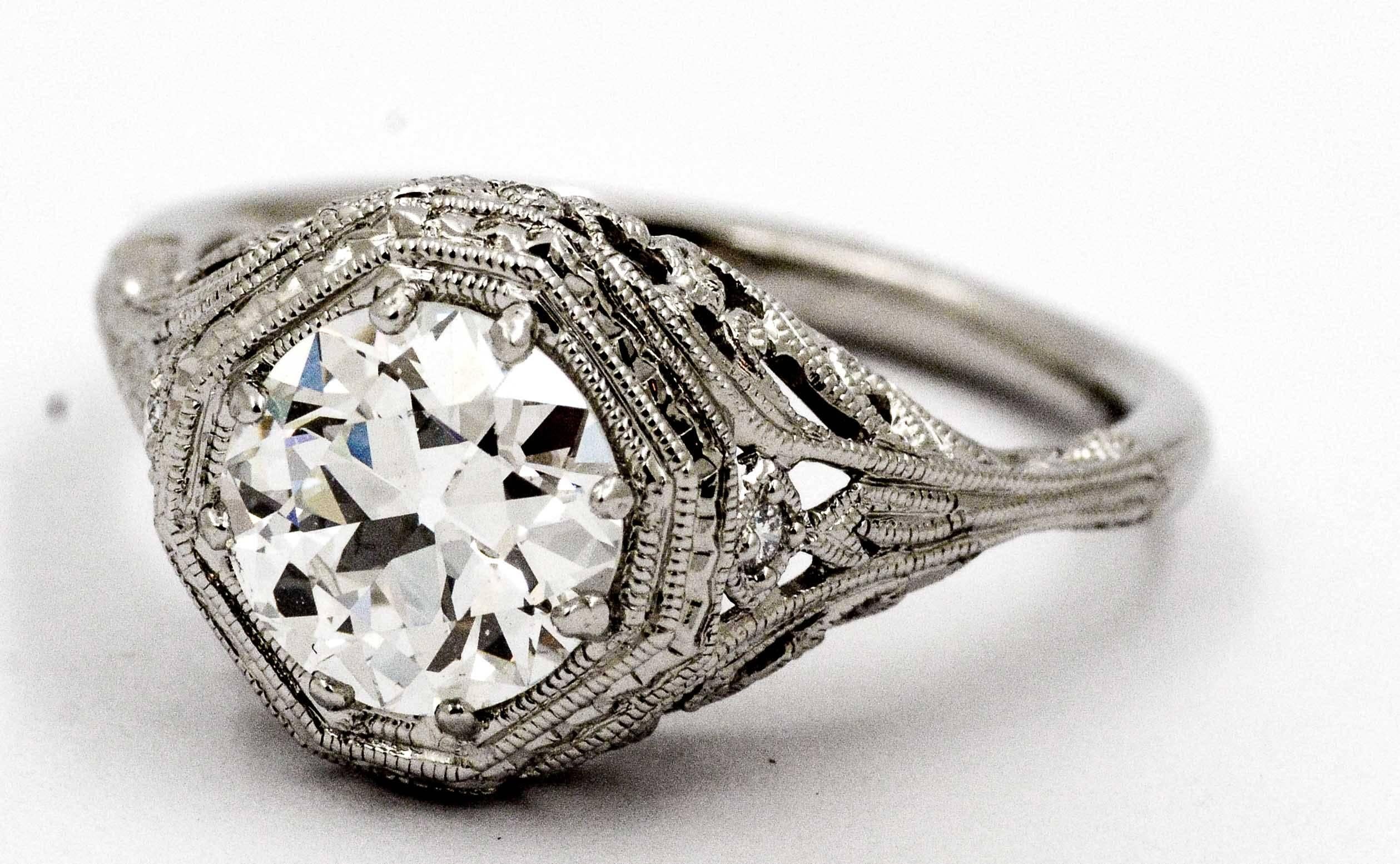  Art Deco 1.52 ct Diamond Engraved Platinum Engagement Ring 1