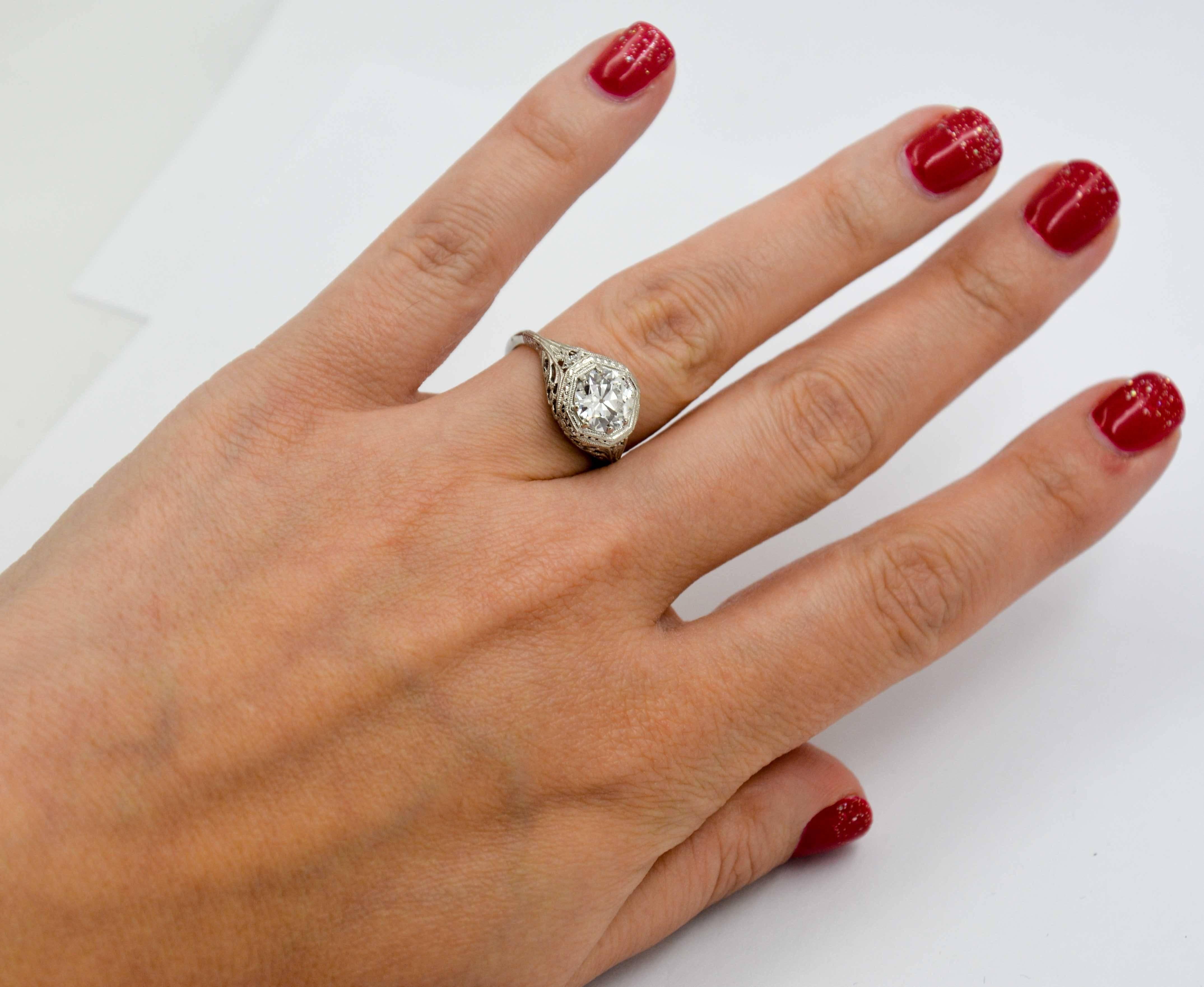  Art Deco 1.52 ct Diamond Engraved Platinum Engagement Ring 6