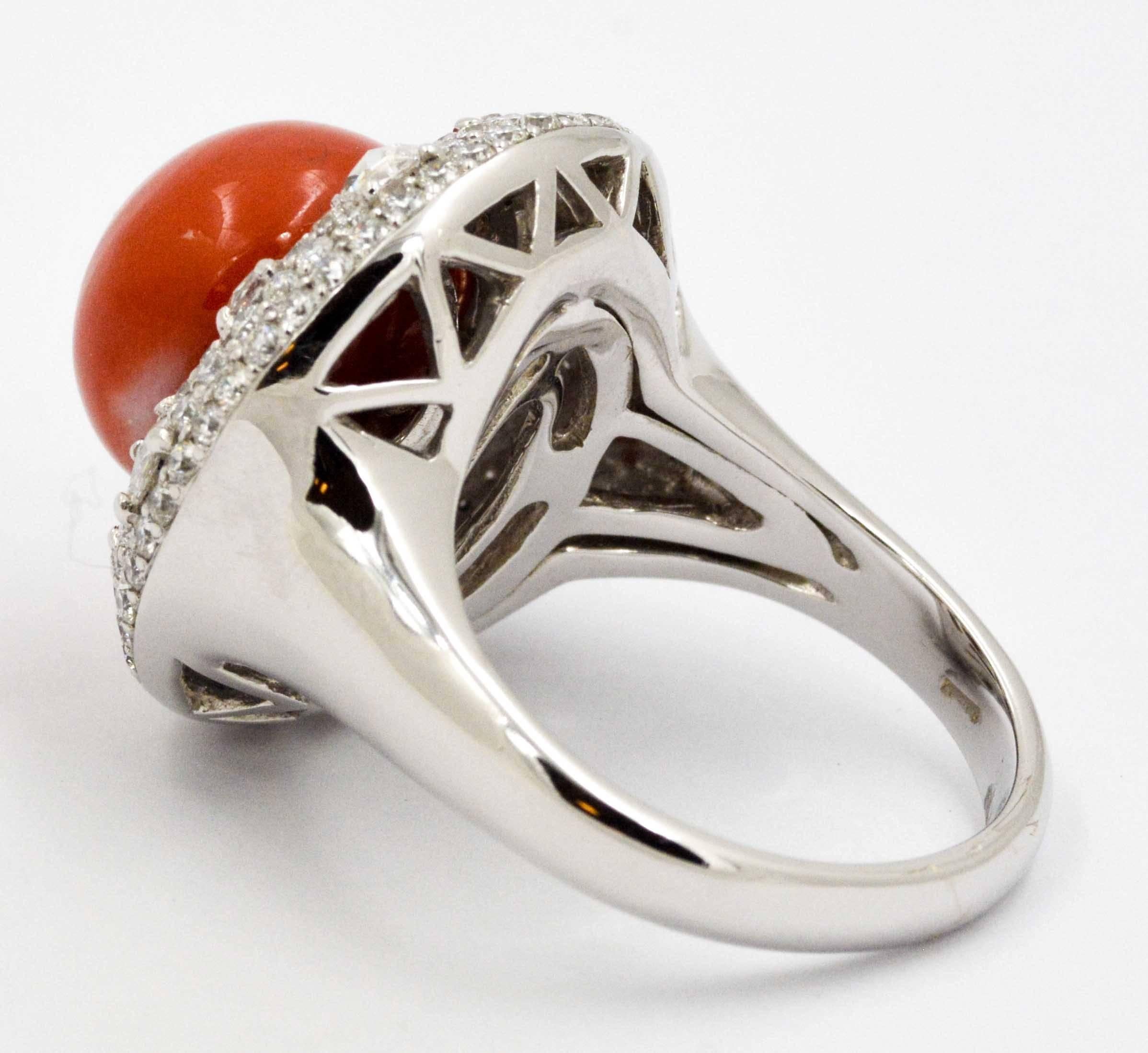 Women's Torro Del Diamond White Gold Ring Centered with Red Coral