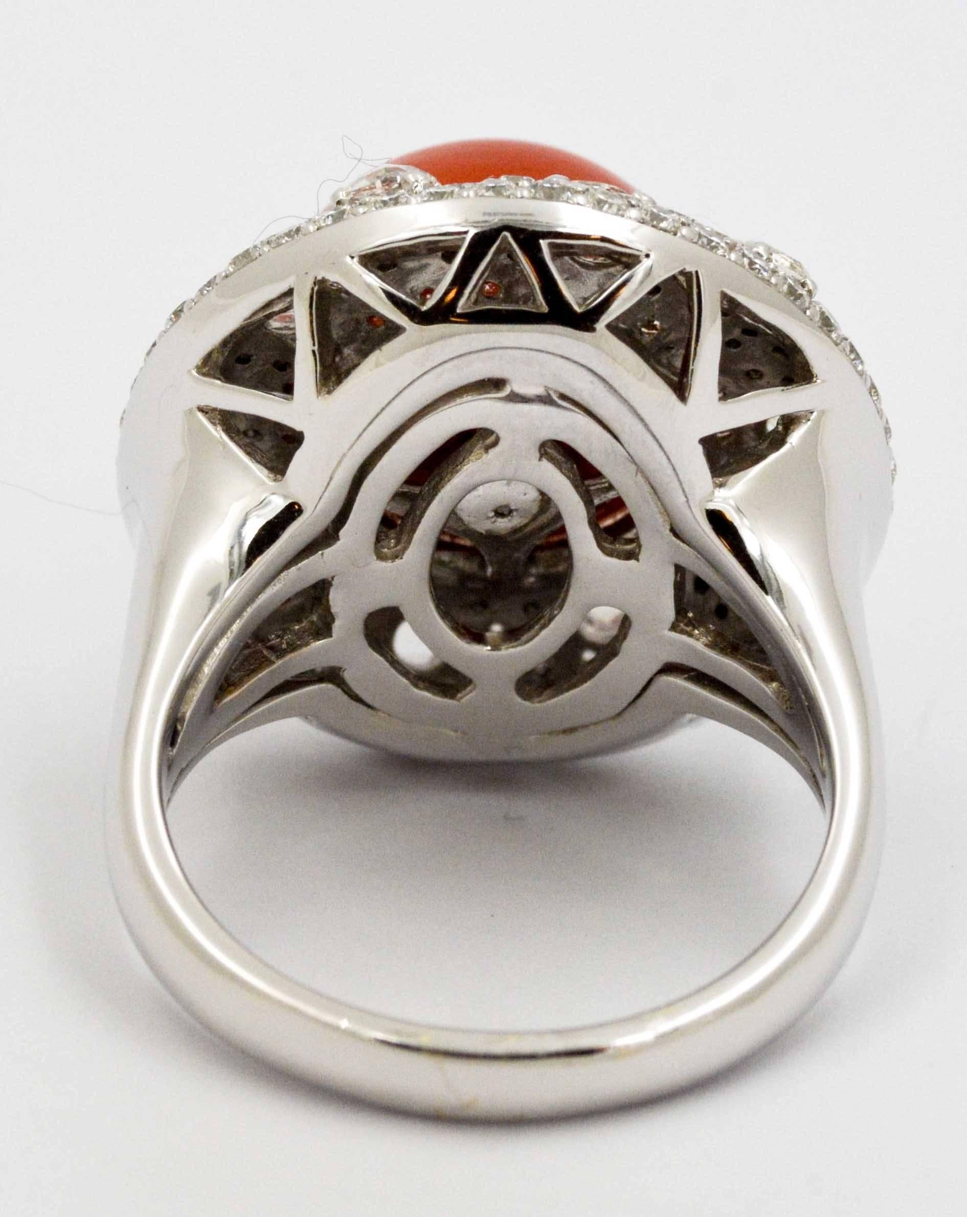 Bead Torro Del Diamond White Gold Ring Centered with Red Coral