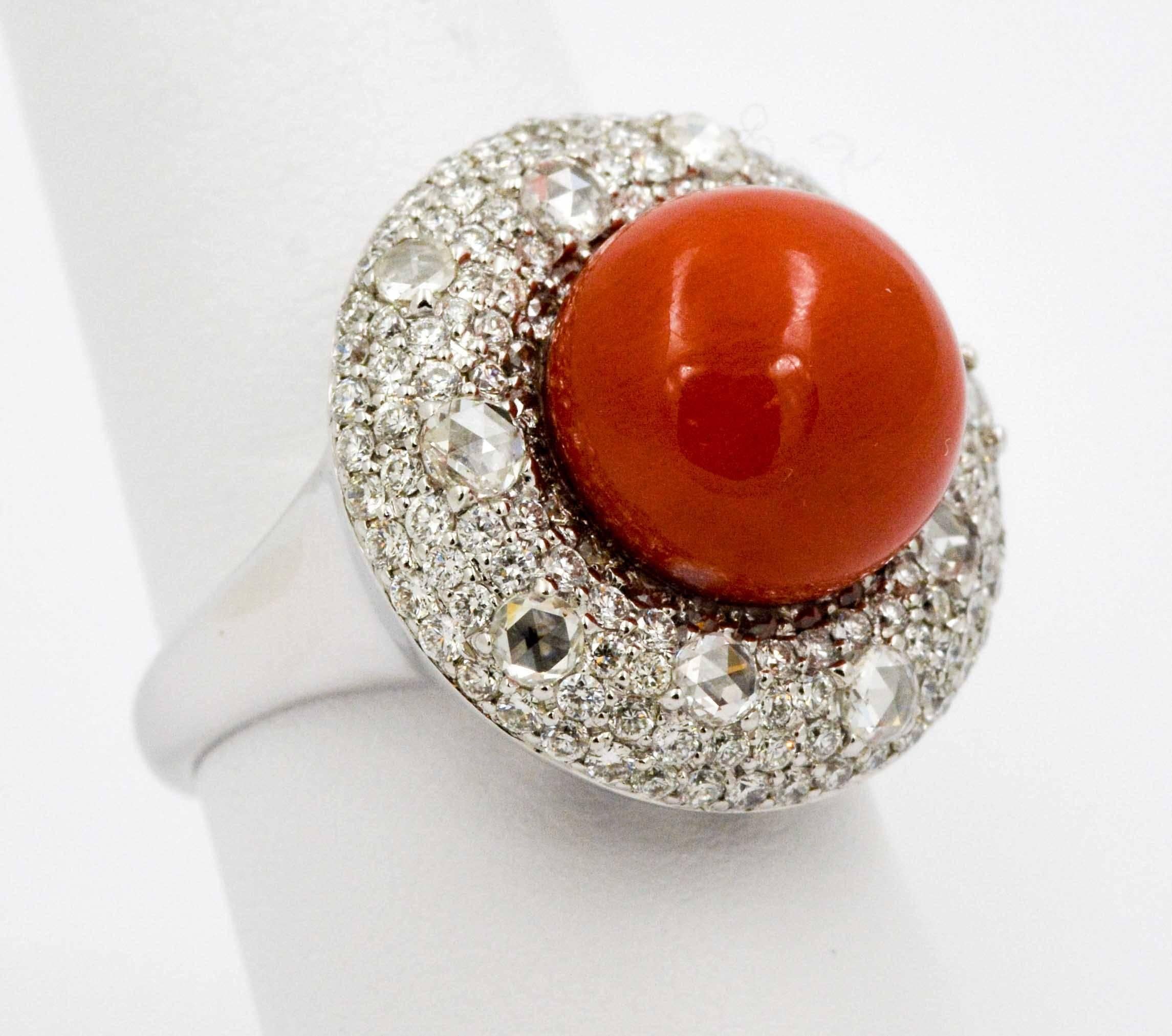 Torro Del Diamond White Gold Ring Centered with Red Coral In New Condition In Dallas, TX