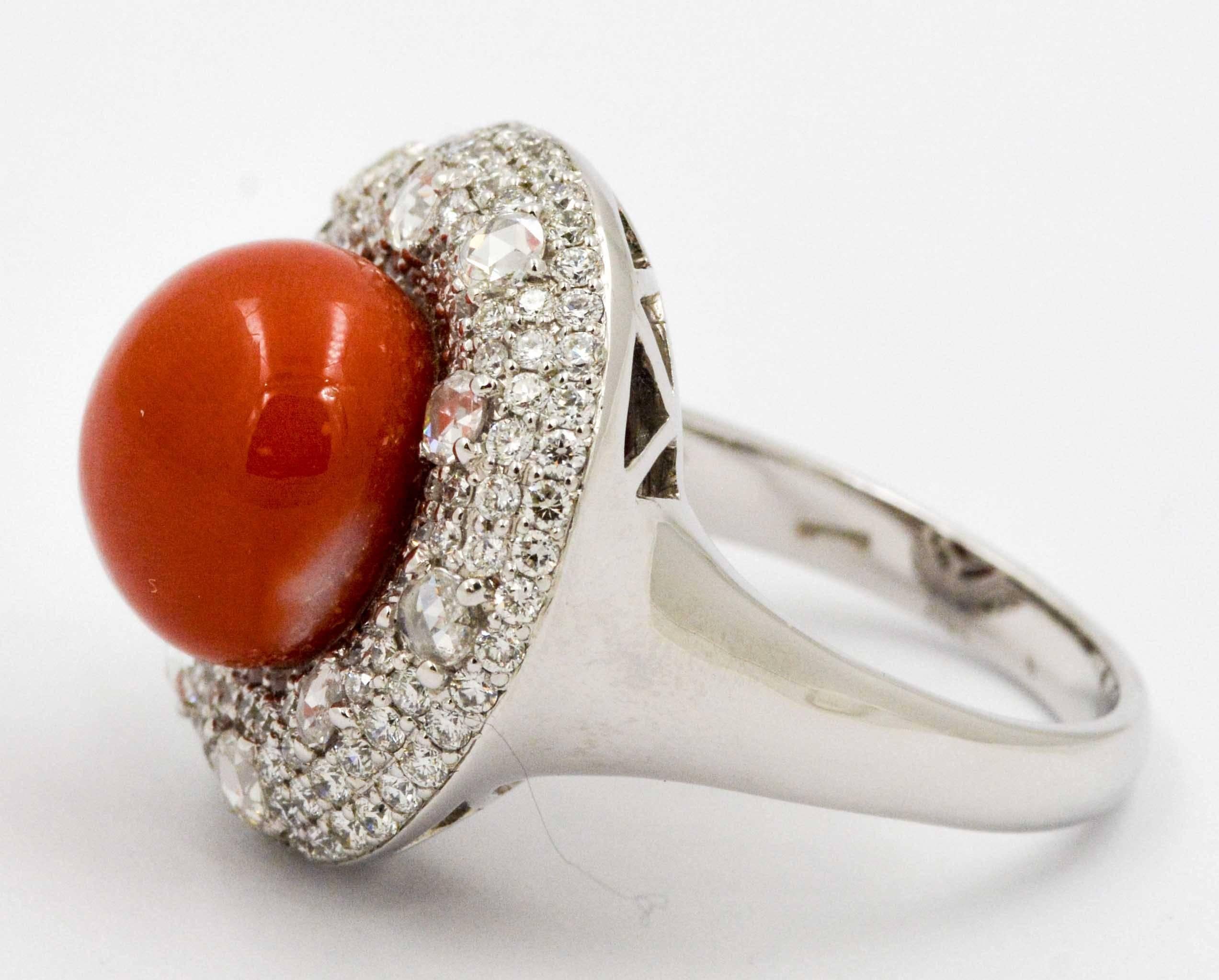 Modern Torro Del Diamond White Gold Ring Centered with Red Coral
