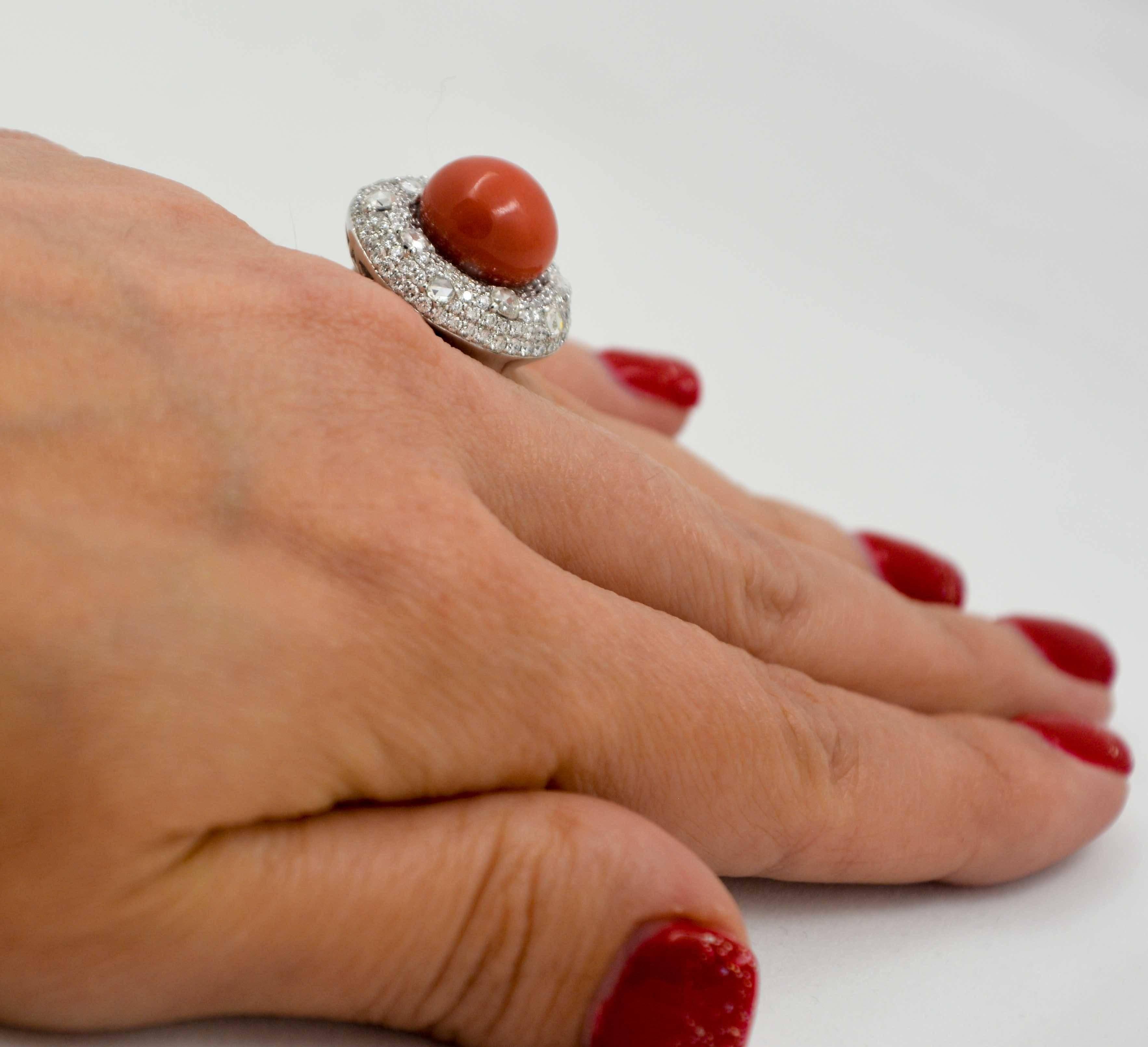 Torro Del Diamond White Gold Ring Centered with Red Coral 2