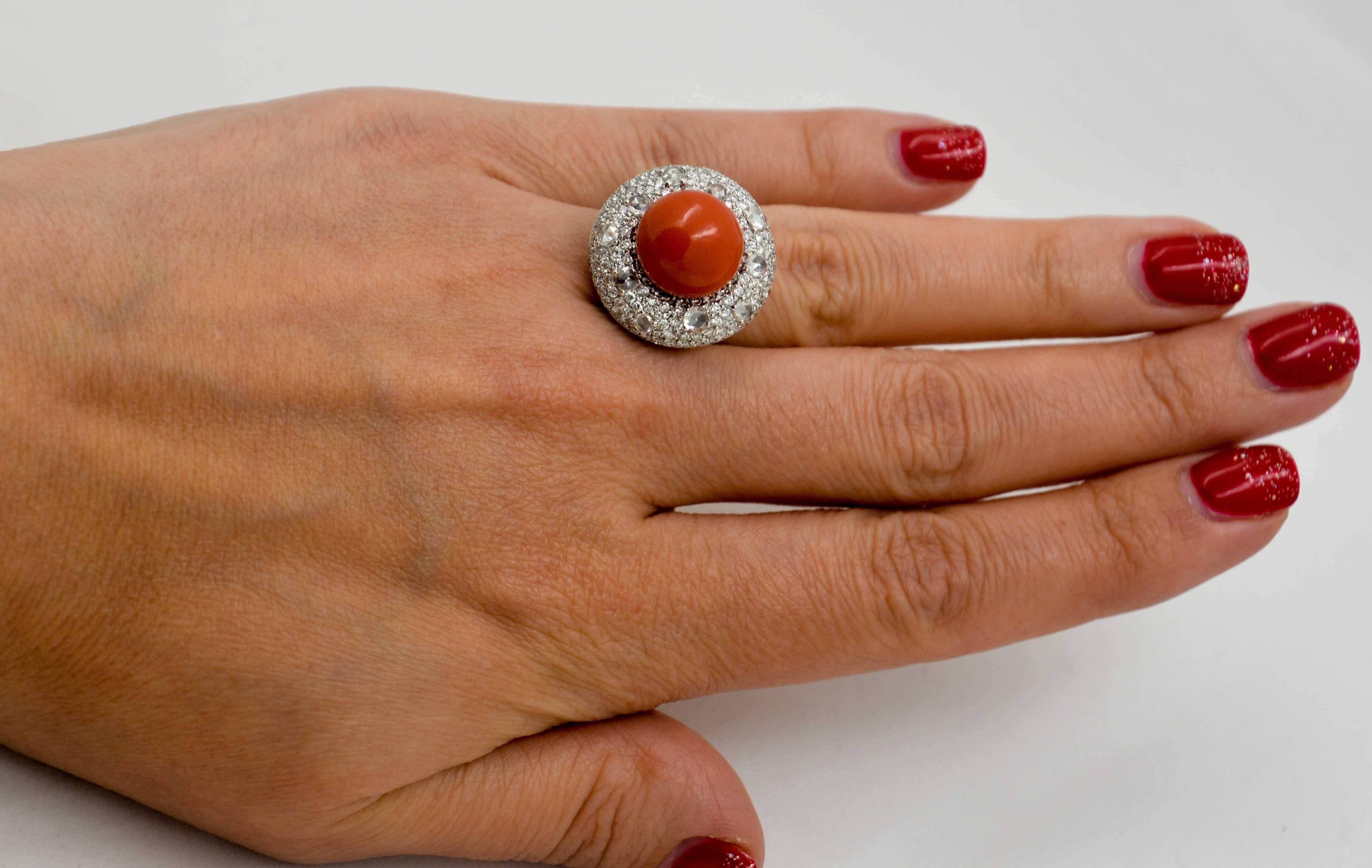 Torro Del Diamond White Gold Ring Centered with Red Coral 3