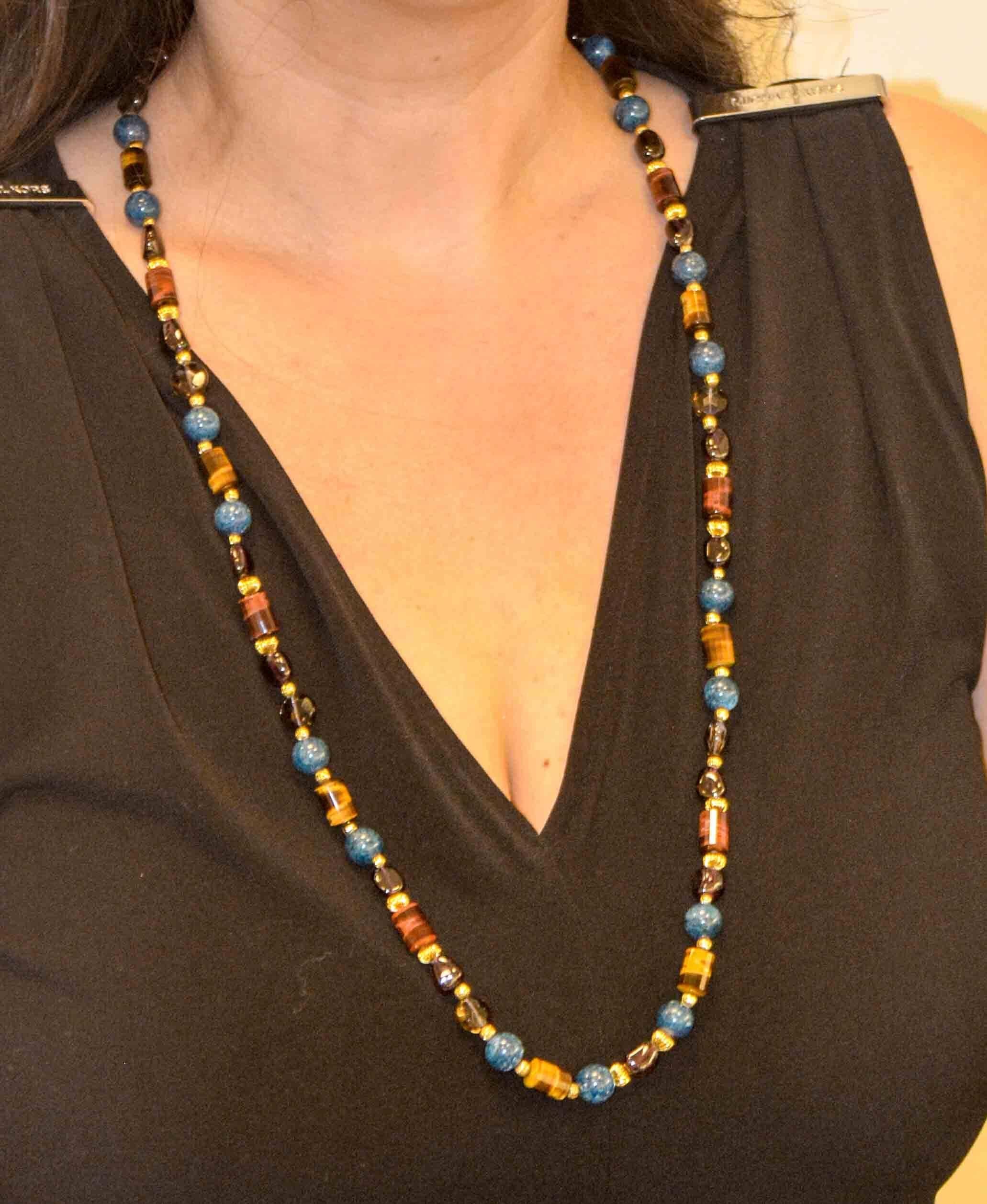 Blue Quartz Garnet Tiger Eye Smokey Quartz Bead Necklace from Eiseman Jewels 1